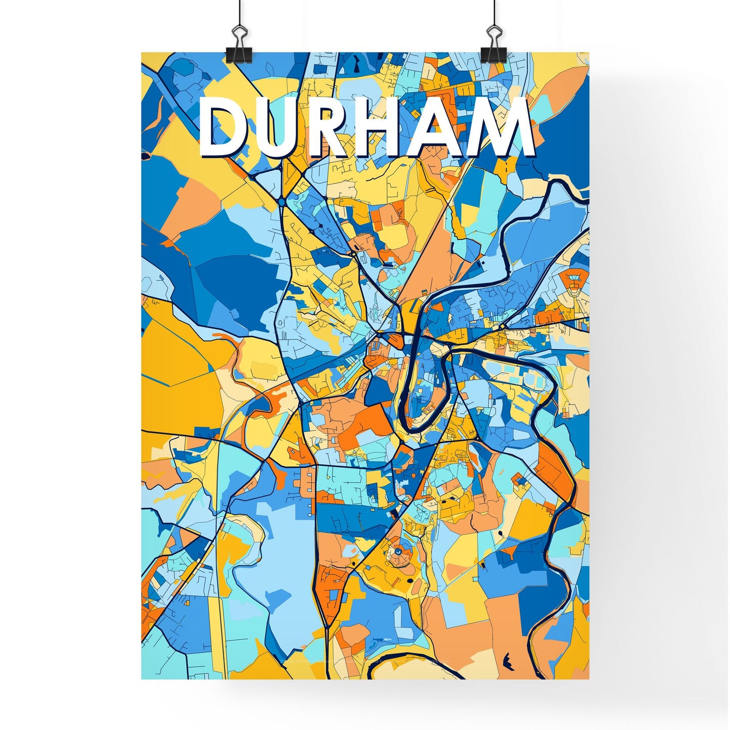 DURHAM ENGLAND Vibrant Colorful Art Map Poster Blue Orange