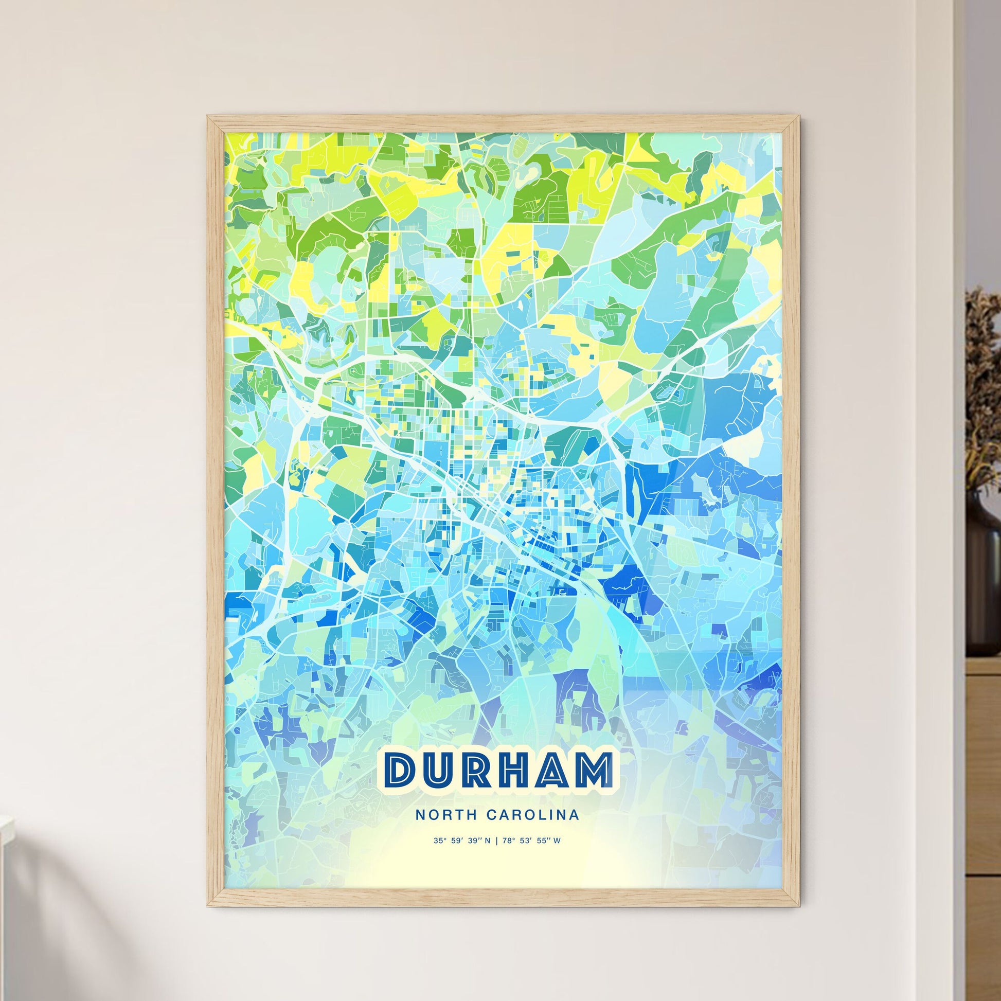 Colorful Durham North Carolina Fine Art Map Cool Blue