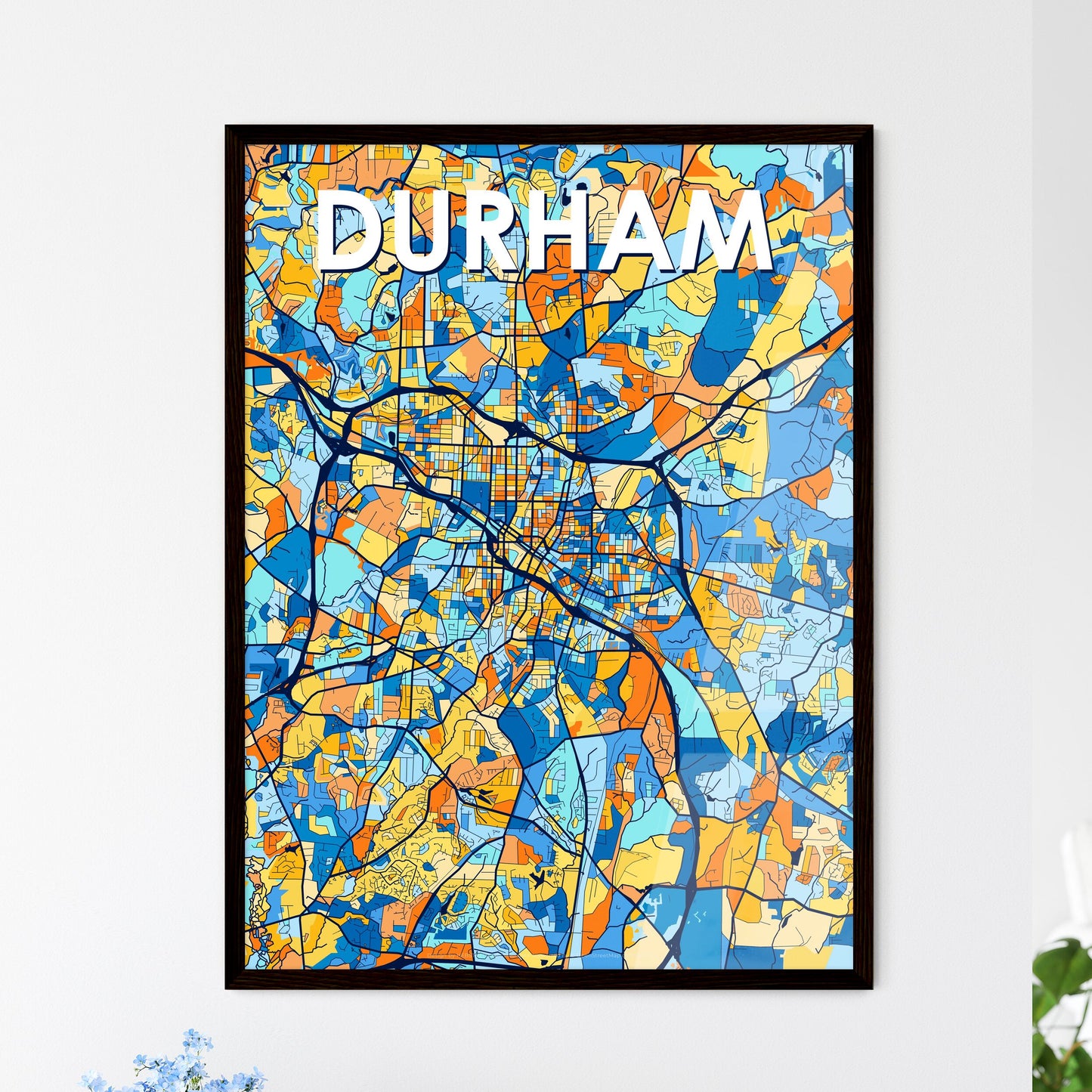 DURHAM NORTH CAROLINA Vibrant Colorful Art Map Poster Blue Orange