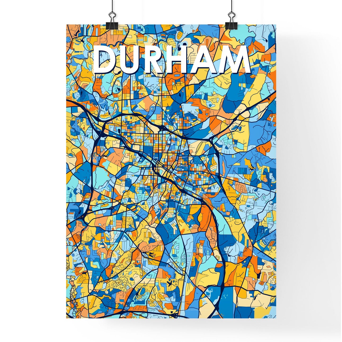 DURHAM NORTH CAROLINA Vibrant Colorful Art Map Poster Blue Orange