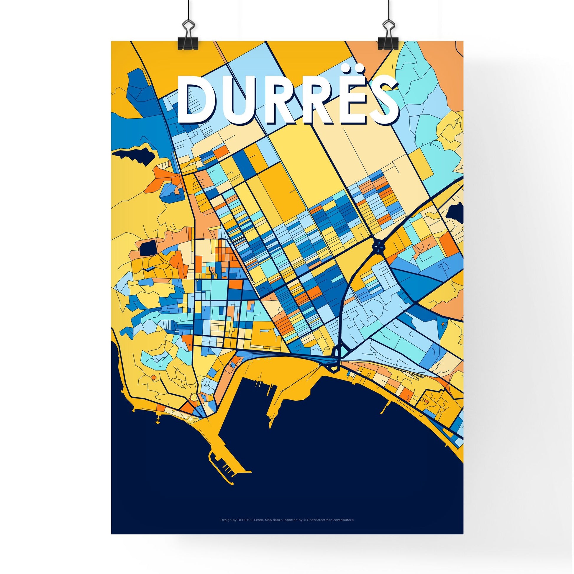 DURRËS ALBANIA Vibrant Colorful Art Map Poster Blue Orange