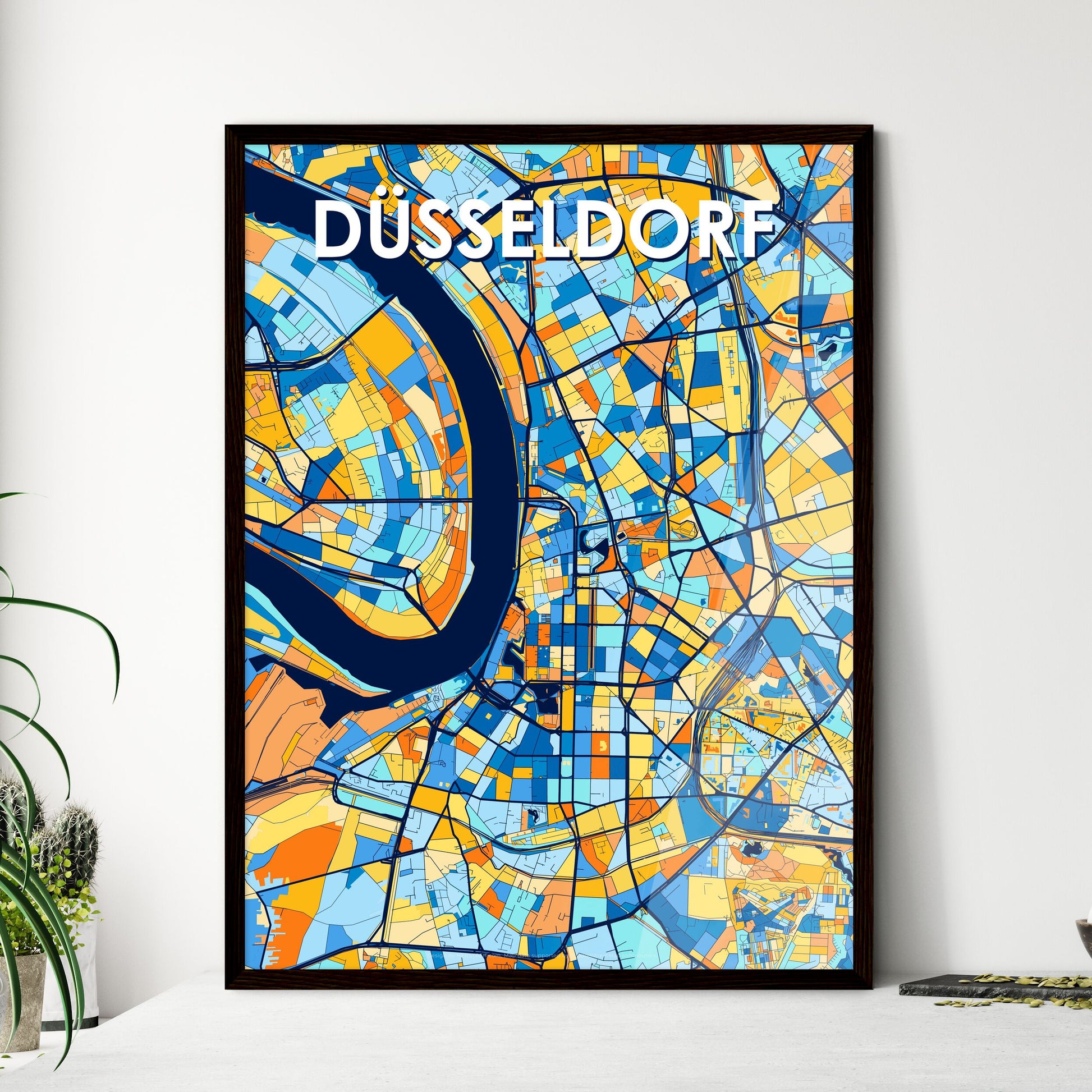 DÜSSELDORF GERMANY Vibrant Colorful Art Map Poster Blue Orange