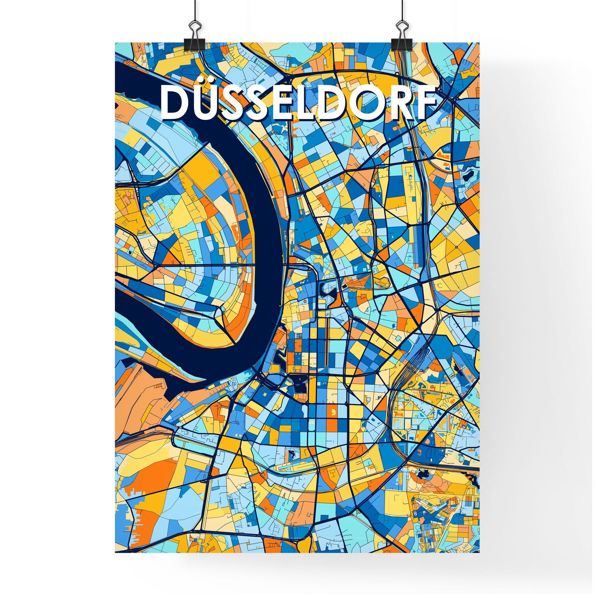 DÜSSELDORF GERMANY Vibrant Colorful Art Map Poster Blue Orange