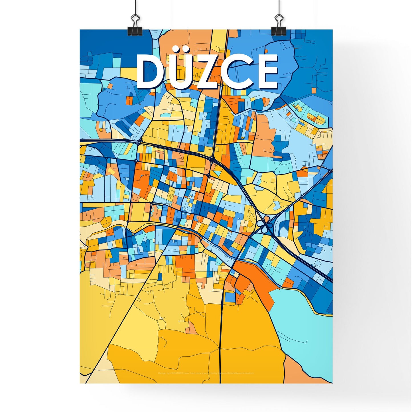 DÜZCE TURKEY Vibrant Colorful Art Map Poster Blue Orange