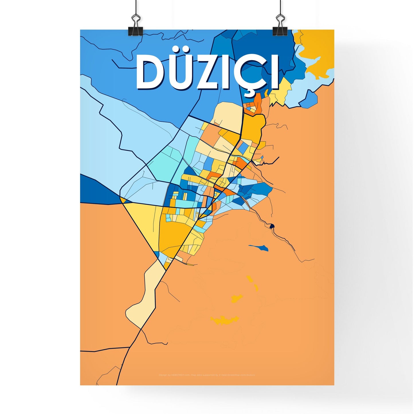 DÜZIÇI TURKEY Vibrant Colorful Art Map Poster Blue Orange