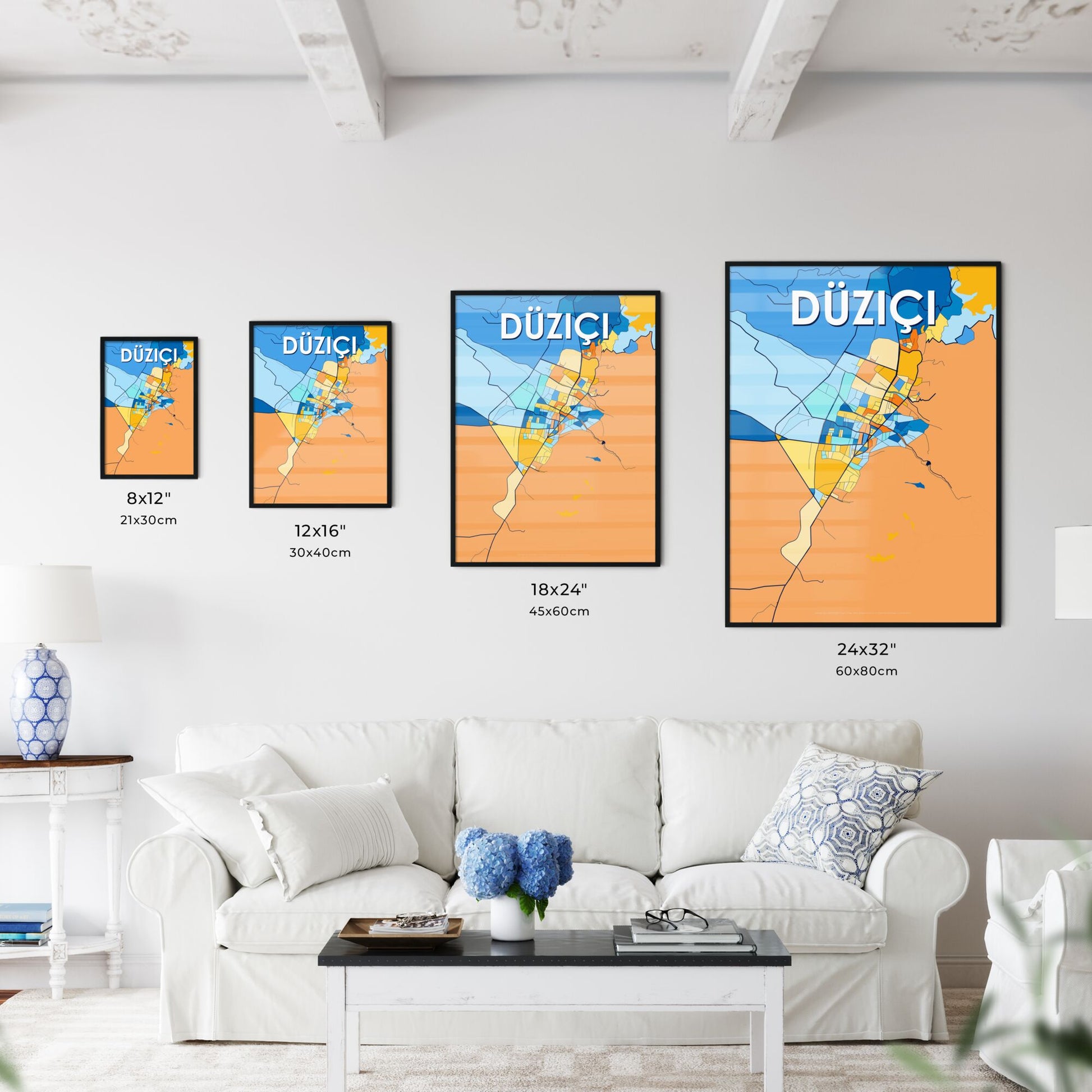 DÜZIÇI TURKEY Vibrant Colorful Art Map Poster Blue Orange