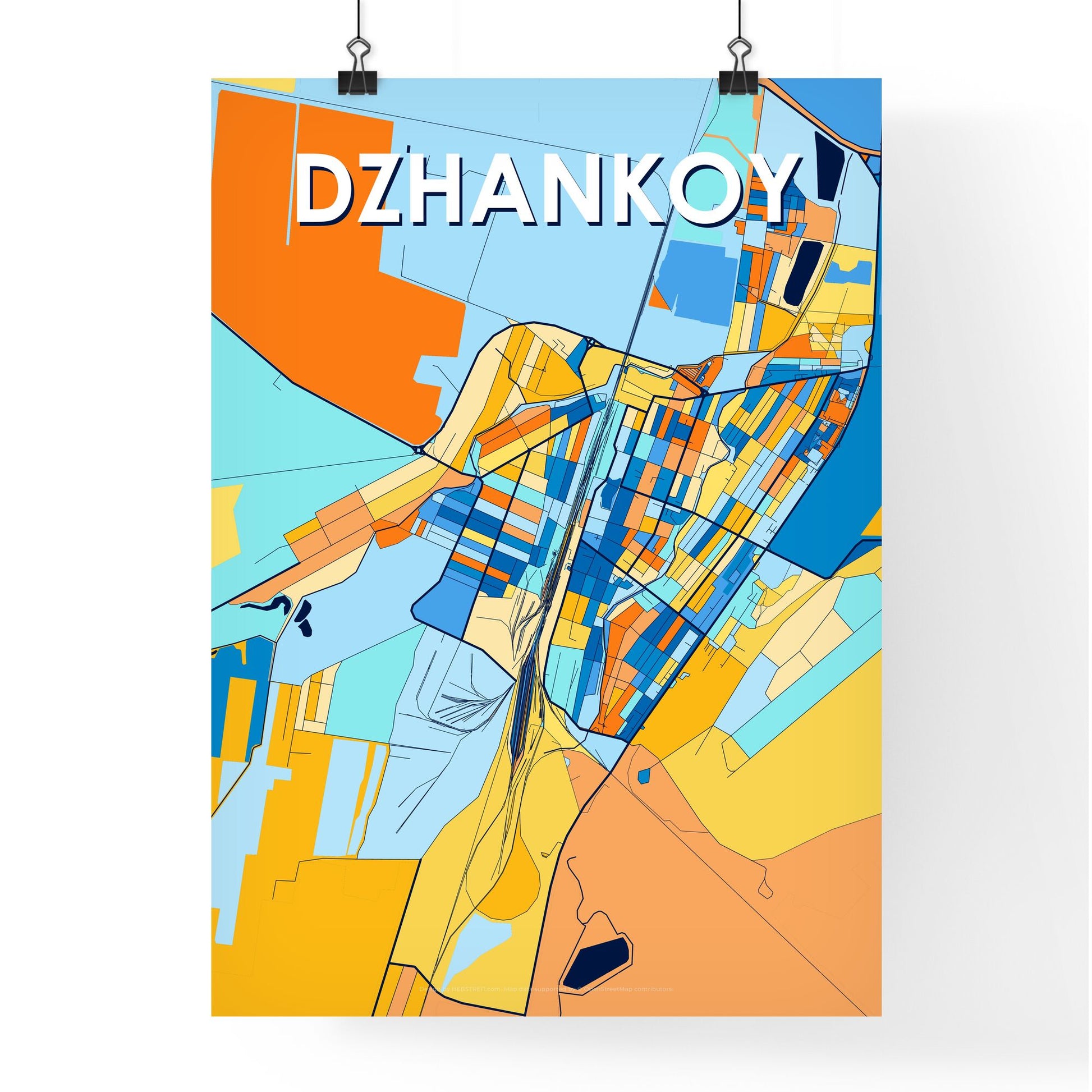 DZHANKOY UKRAINE Vibrant Colorful Art Map Poster Blue Orange