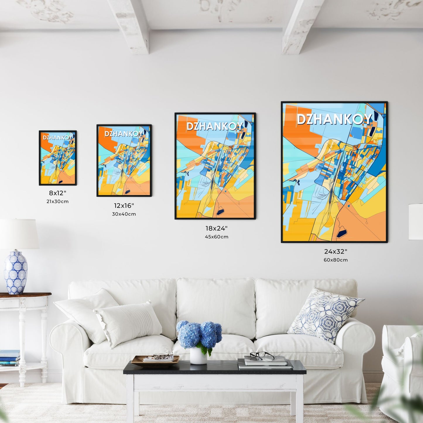 DZHANKOY UKRAINE Vibrant Colorful Art Map Poster Blue Orange