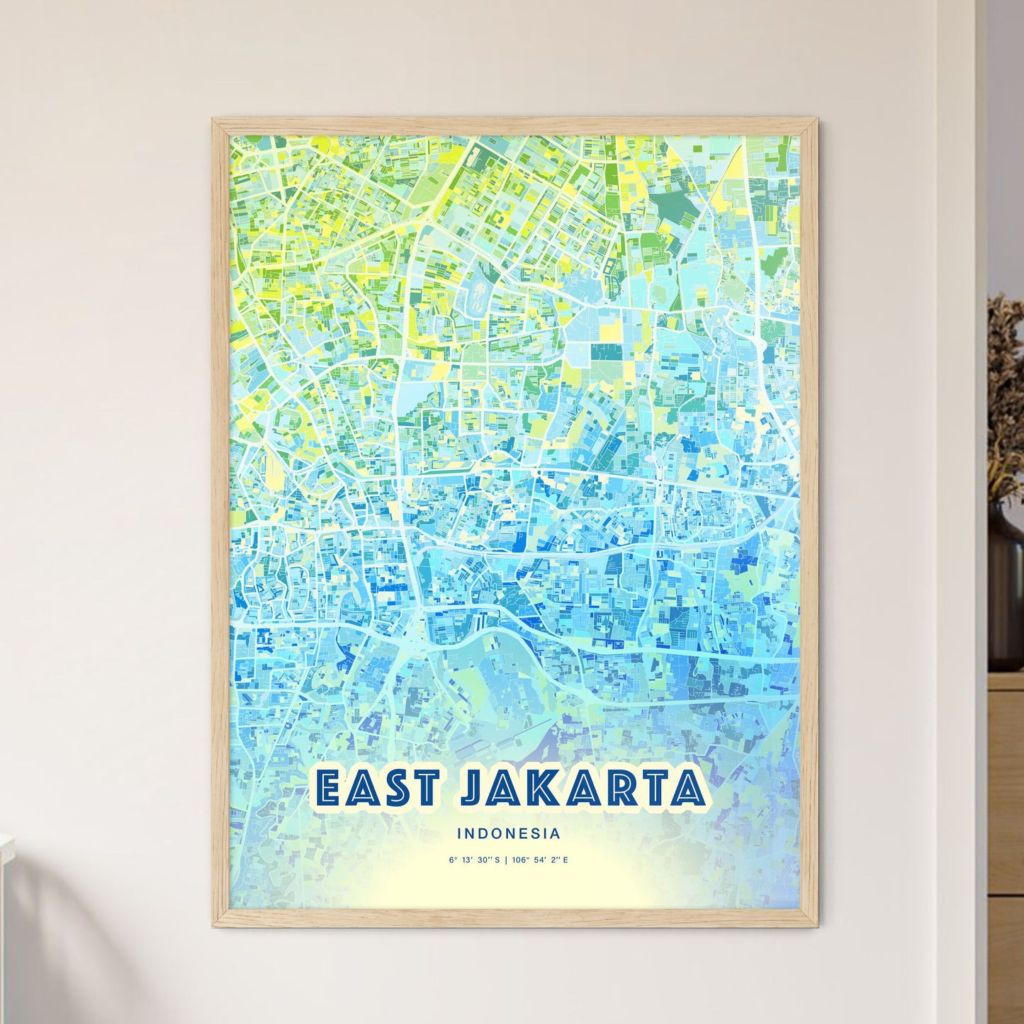 Colorful East Jakarta Indonesia Fine Art Map Cool Blue