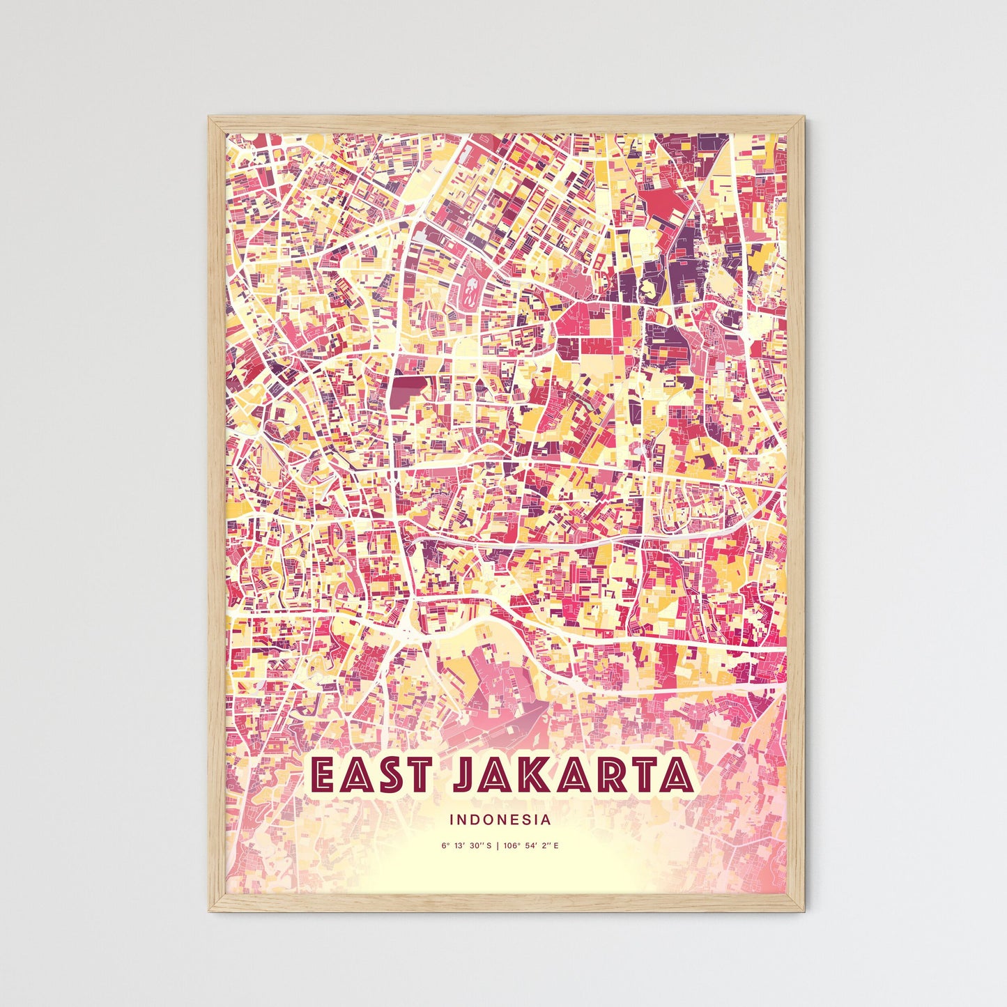 Colorful East Jakarta Indonesia Fine Art Map Hot Red