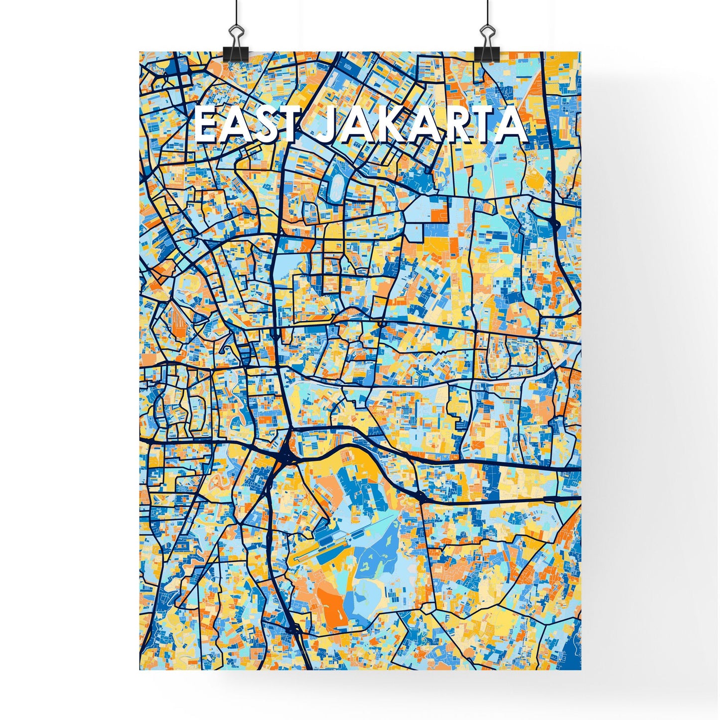 EAST JAKARTA INDONESIA Vibrant Colorful Art Map Poster Blue Orange