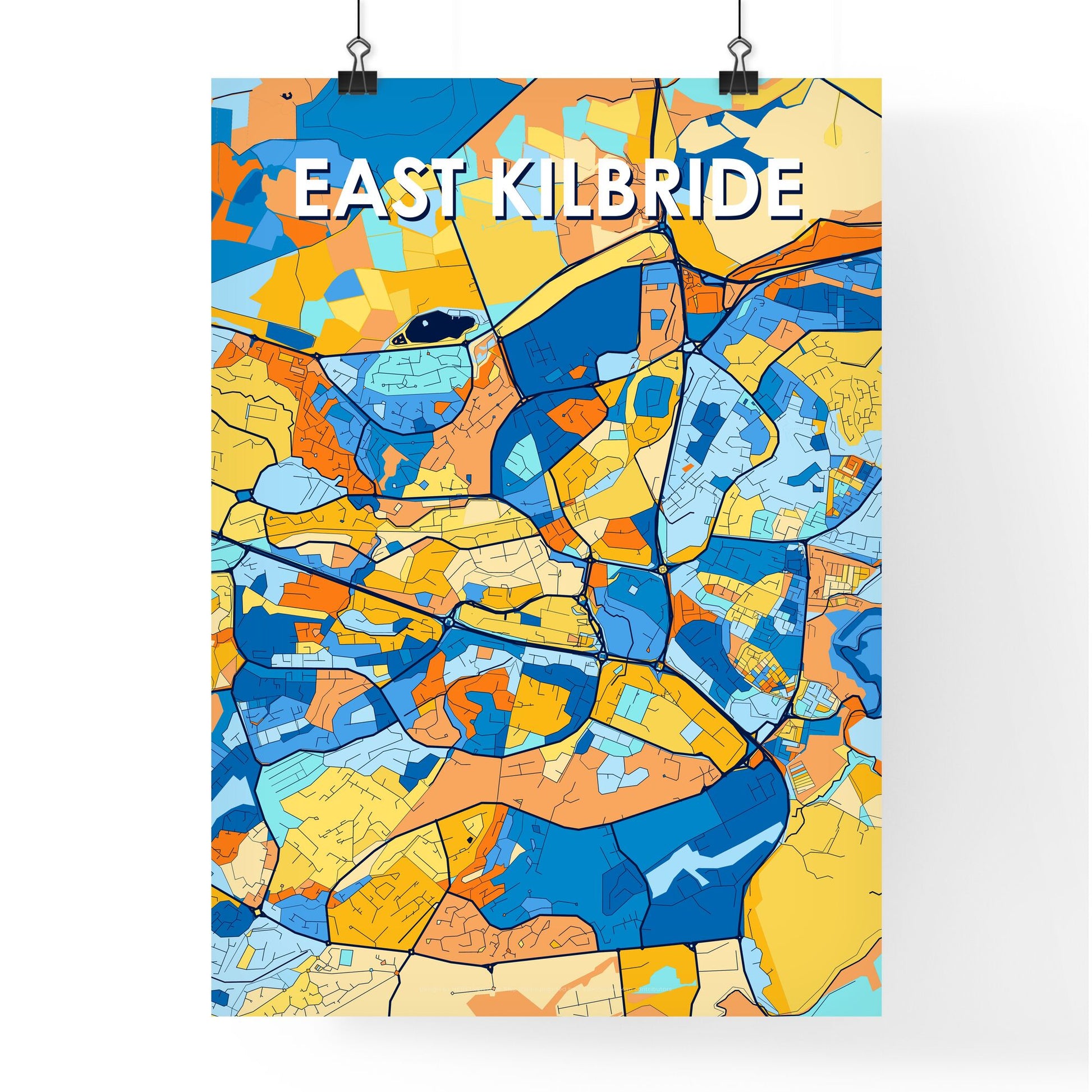 EAST KILBRIDE SCOTLAND Vibrant Colorful Art Map Poster Blue Orange