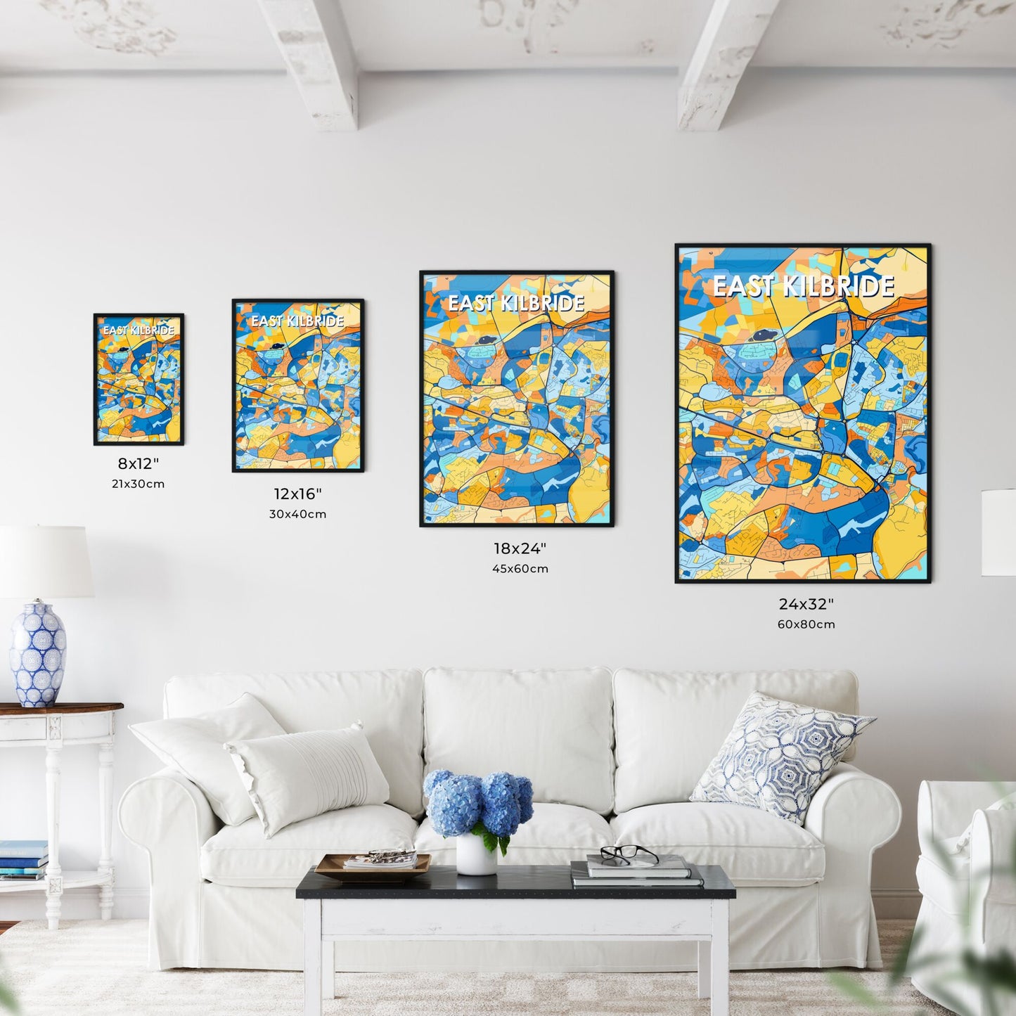 EAST KILBRIDE SCOTLAND Vibrant Colorful Art Map Poster Blue Orange