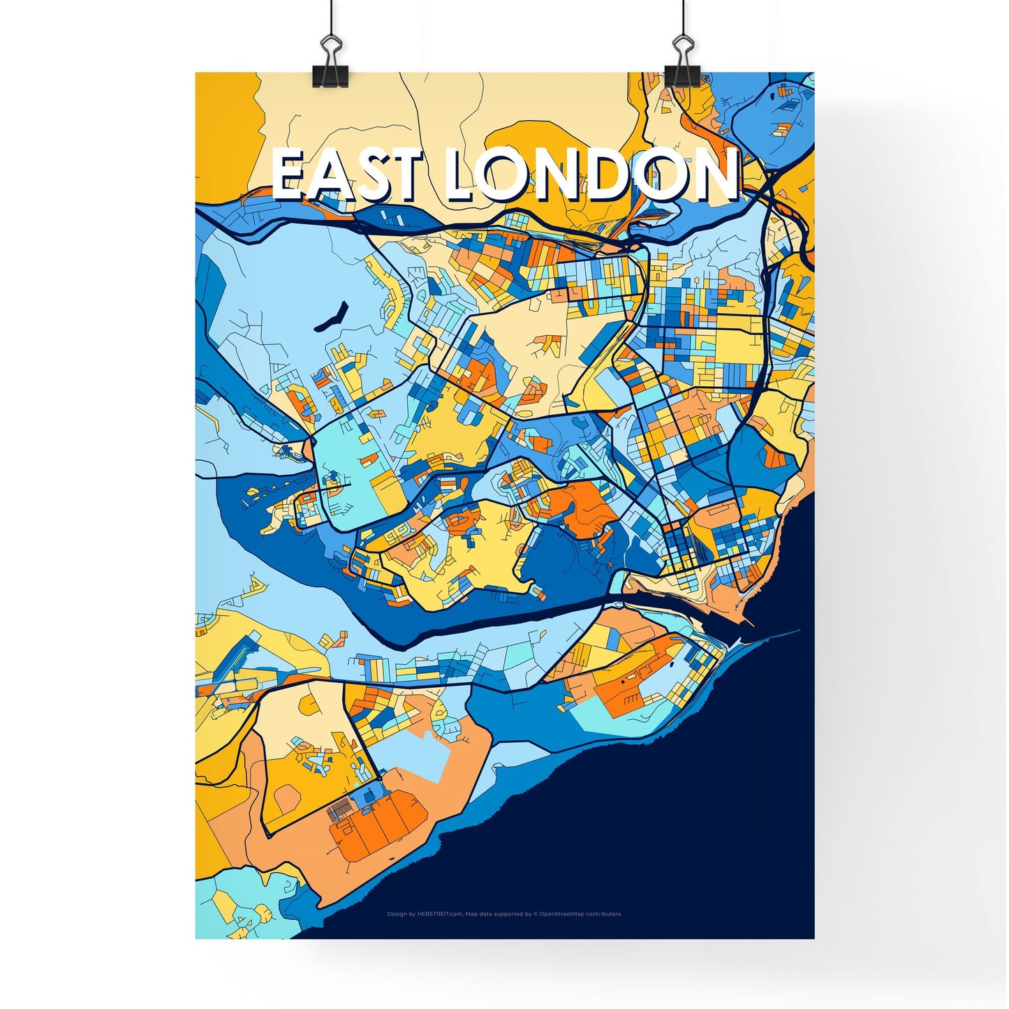 EAST LONDON SOUTH AFRICA Vibrant Colorful Art Map Poster Blue Orange