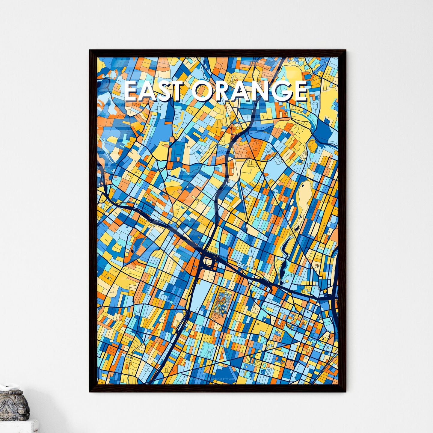 EAST ORANGE NEW JERSEY Vibrant Colorful Art Map Poster Blue Orange