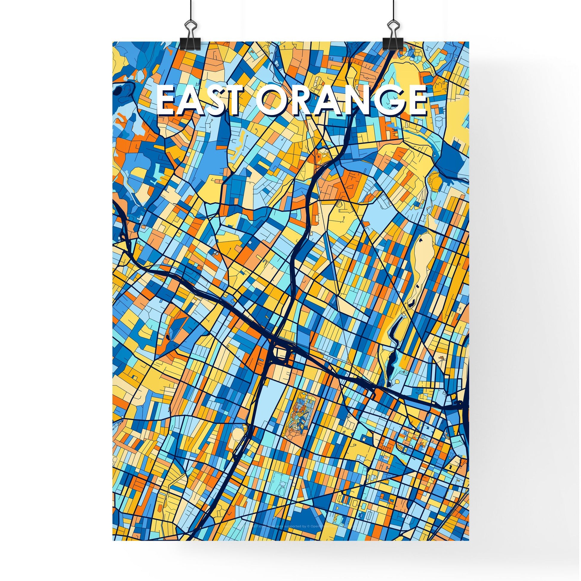 EAST ORANGE NEW JERSEY Vibrant Colorful Art Map Poster Blue Orange