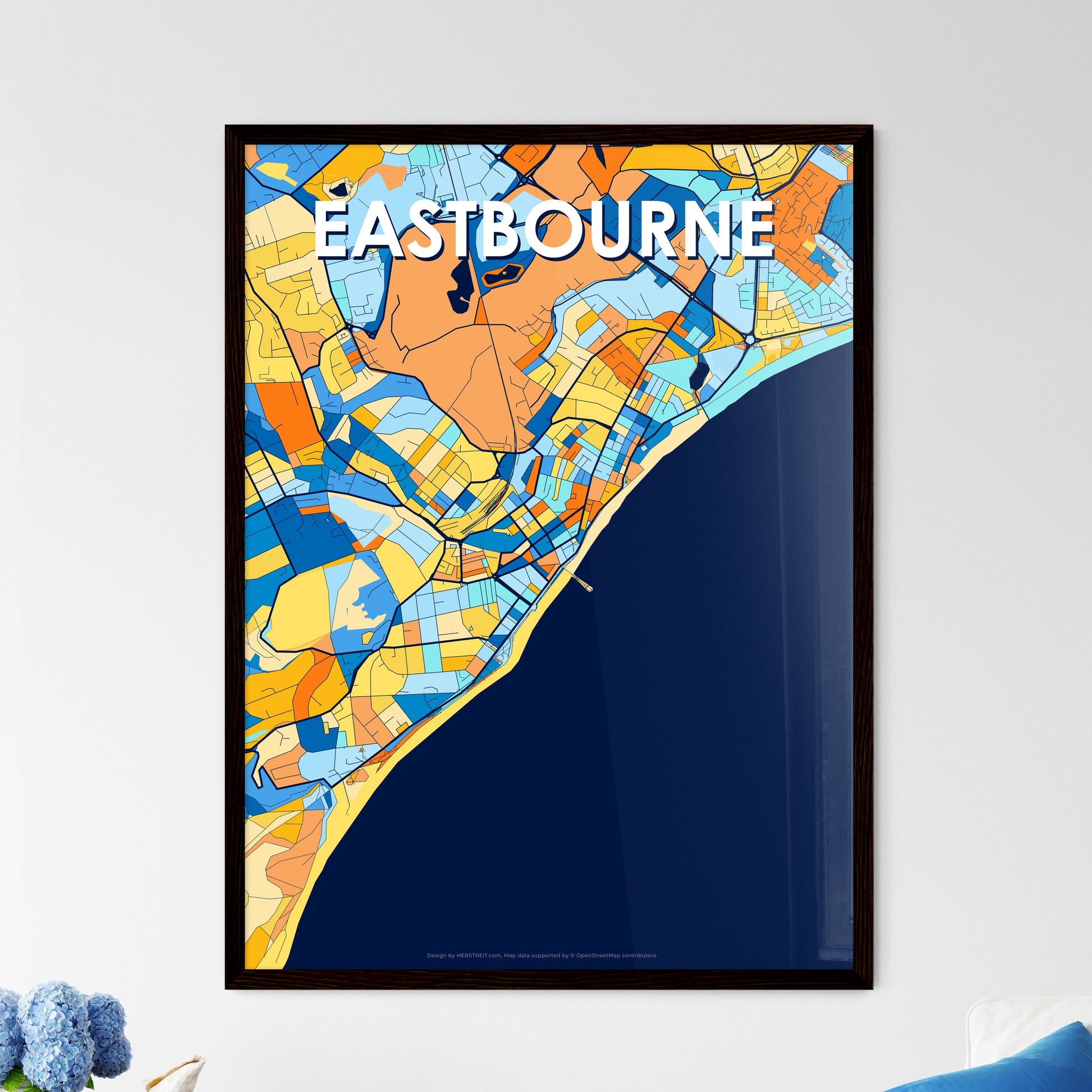 EASTBOURNE ENGLAND Vibrant Colorful Art Map Poster Blue Orange