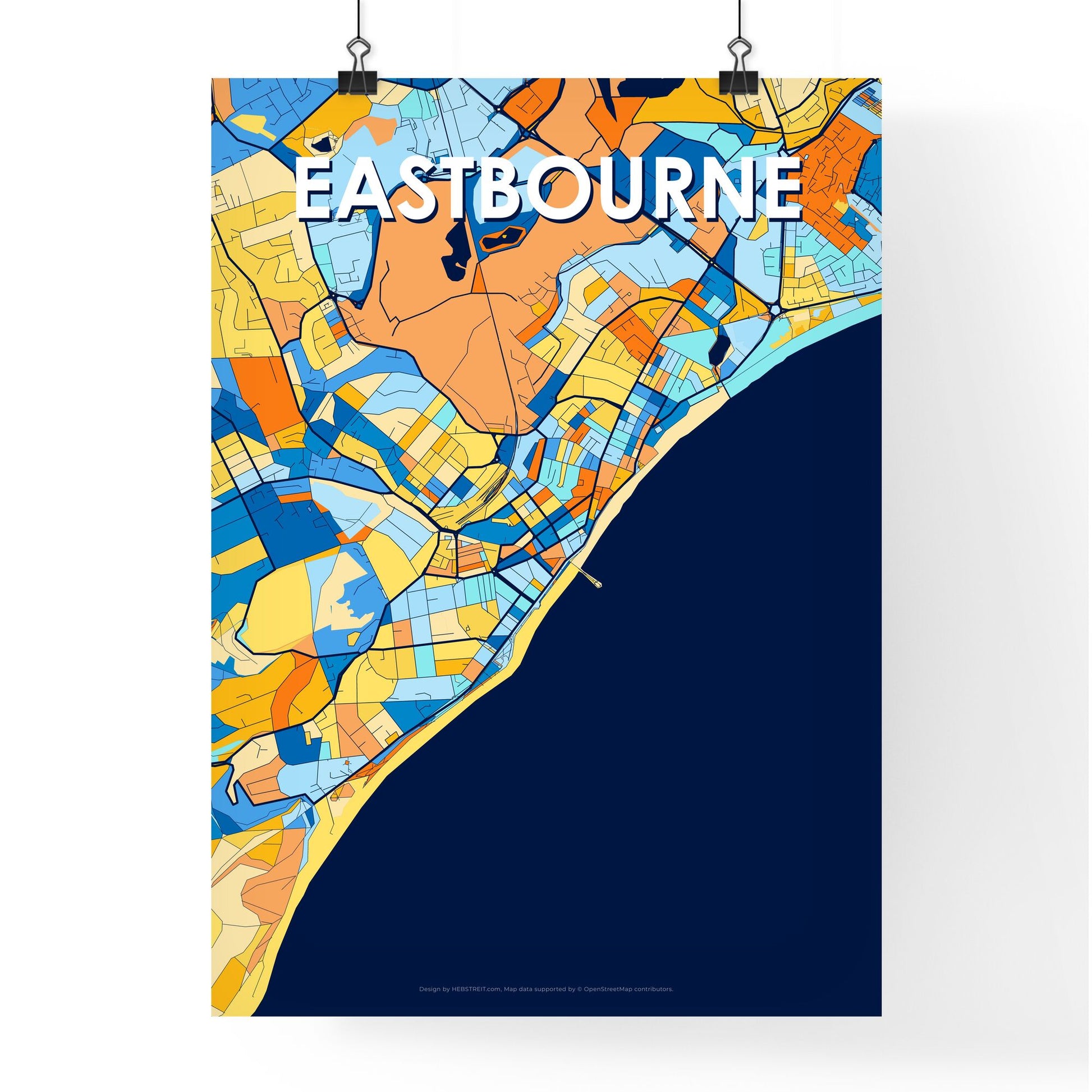 EASTBOURNE ENGLAND Vibrant Colorful Art Map Poster Blue Orange