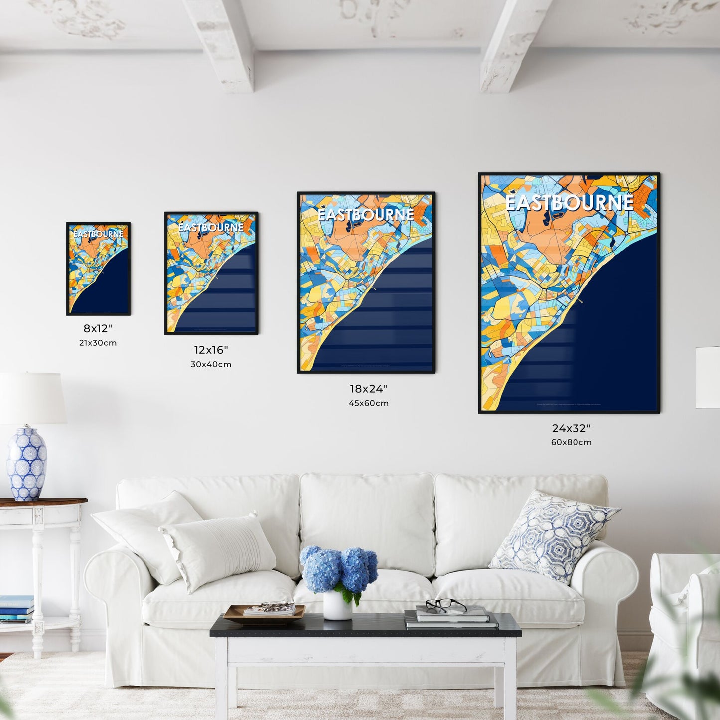 EASTBOURNE ENGLAND Vibrant Colorful Art Map Poster Blue Orange