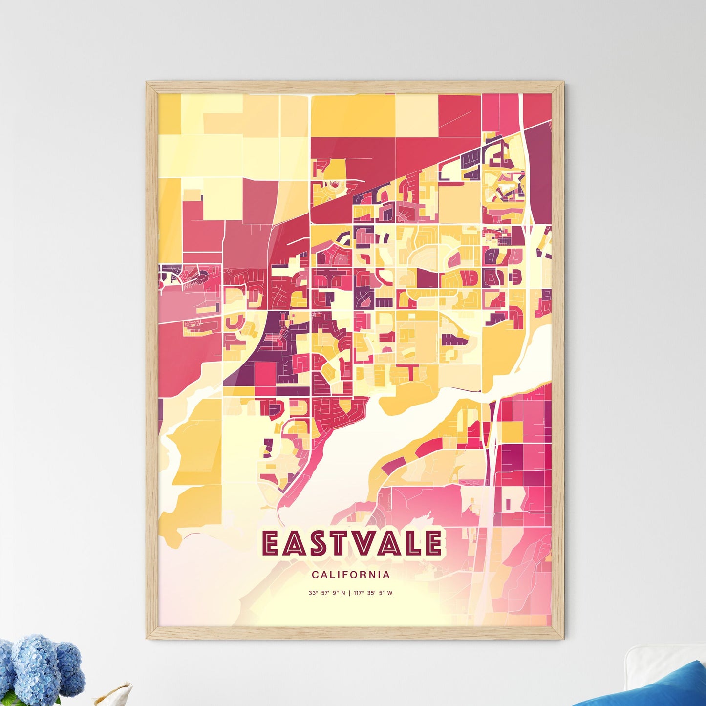 Colorful Eastvale California Fine Art Map Hot Red