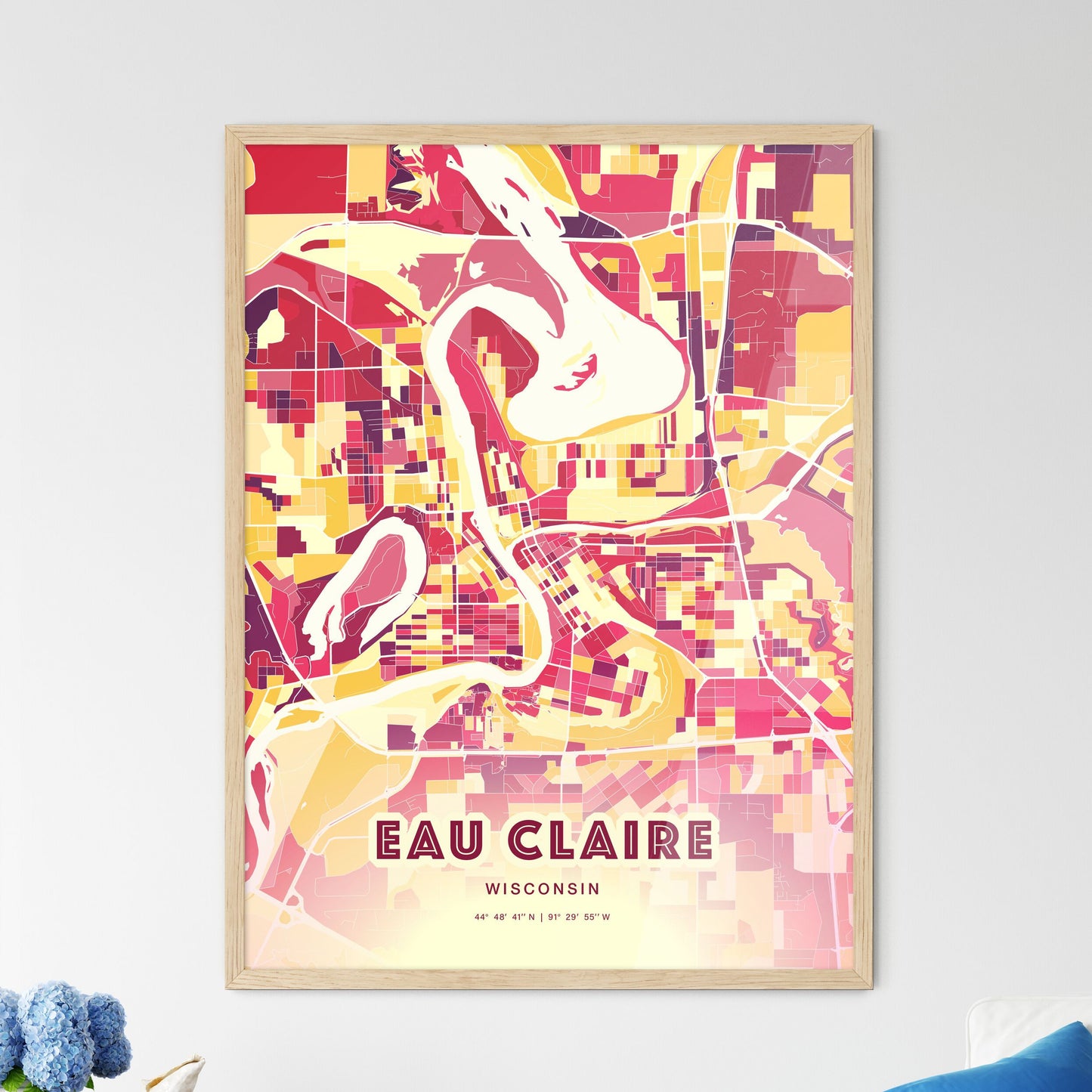 Colorful Eau Claire Wisconsin Fine Art Map Hot Red