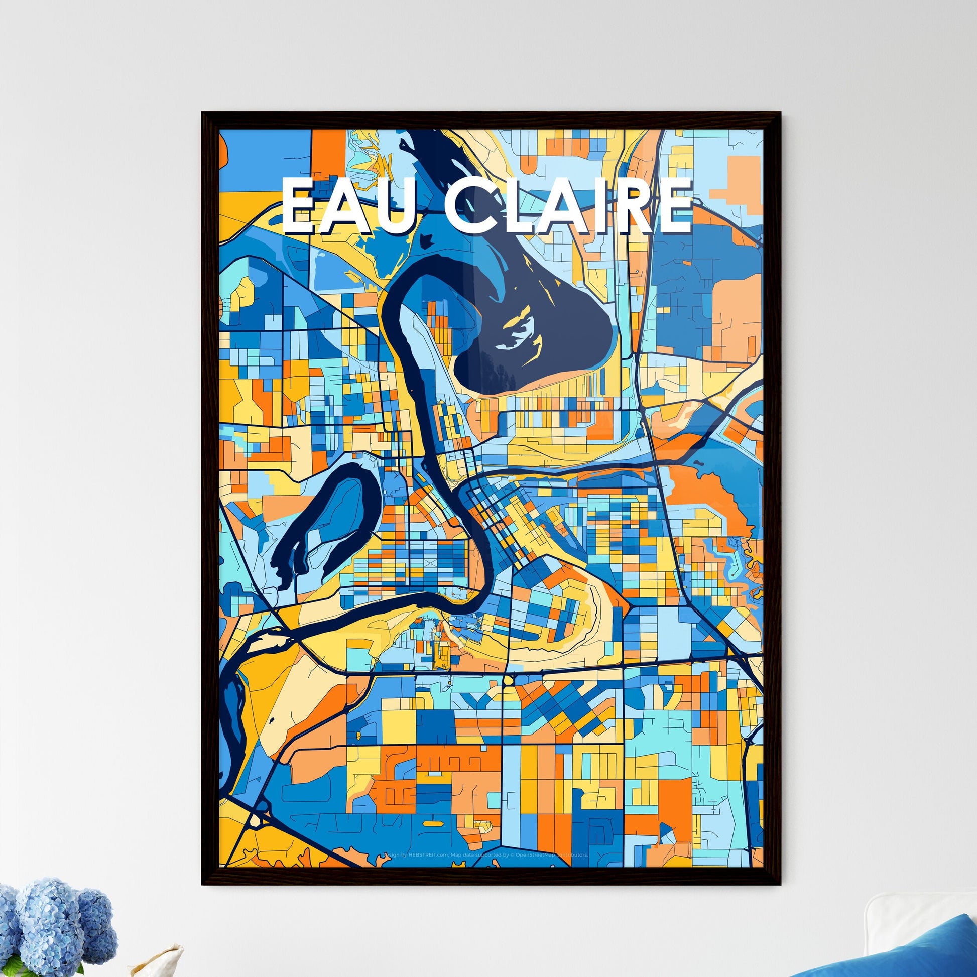 EAU CLAIRE WISCONSIN Vibrant Colorful Art Map Poster Blue Orange