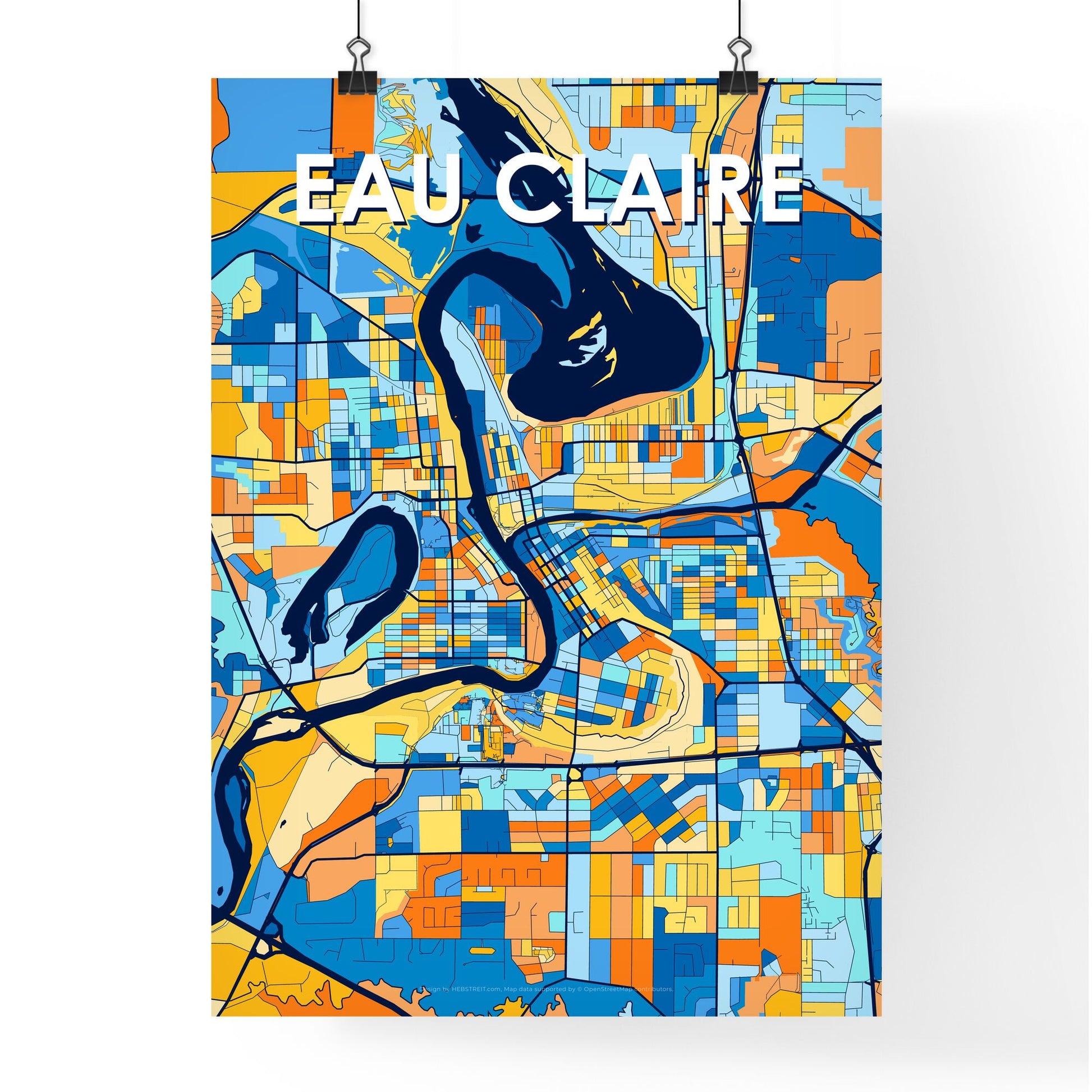 EAU CLAIRE WISCONSIN Vibrant Colorful Art Map Poster Blue Orange