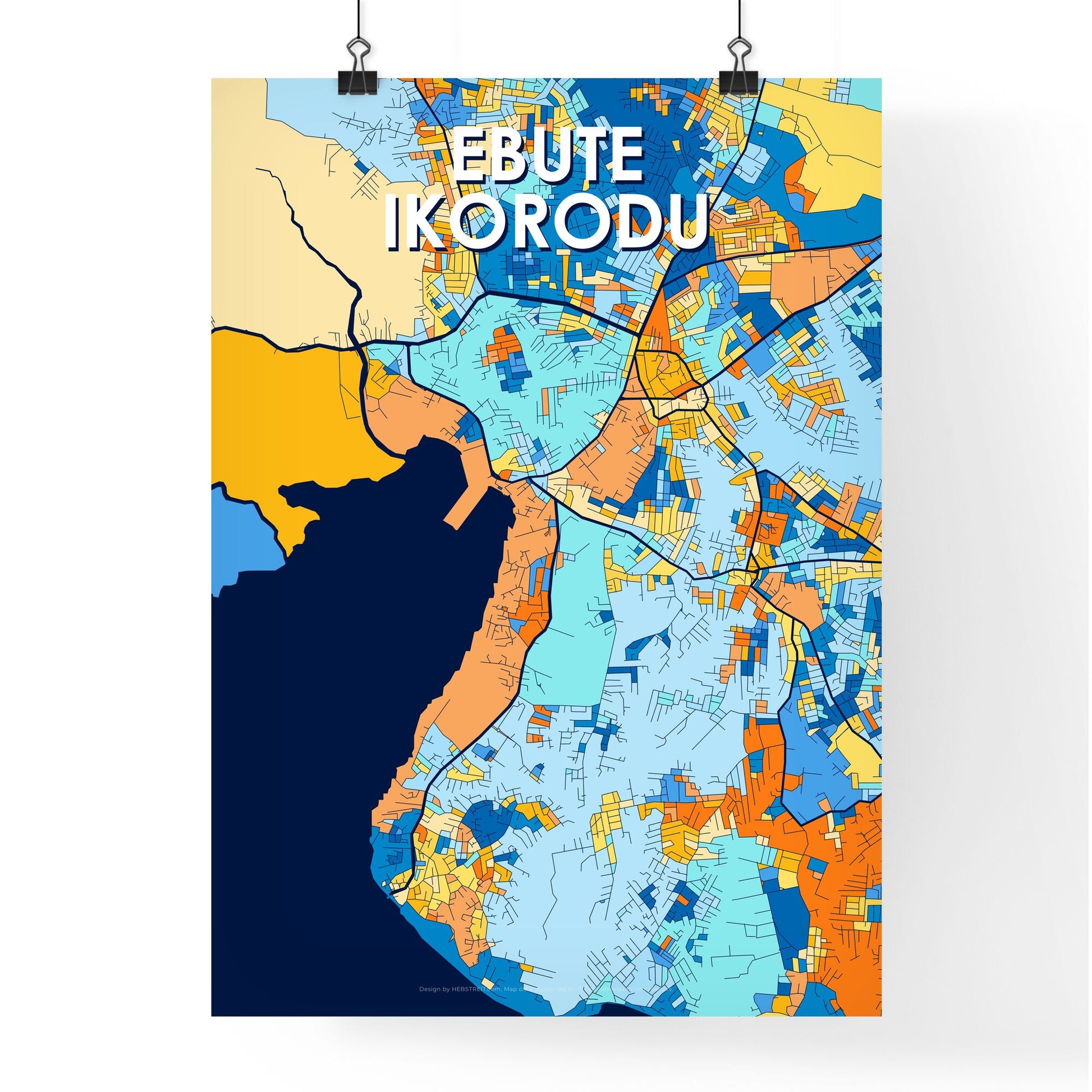 EBUTE IKORODU NIGERIA Vibrant Colorful Art Map Poster Blue Orange