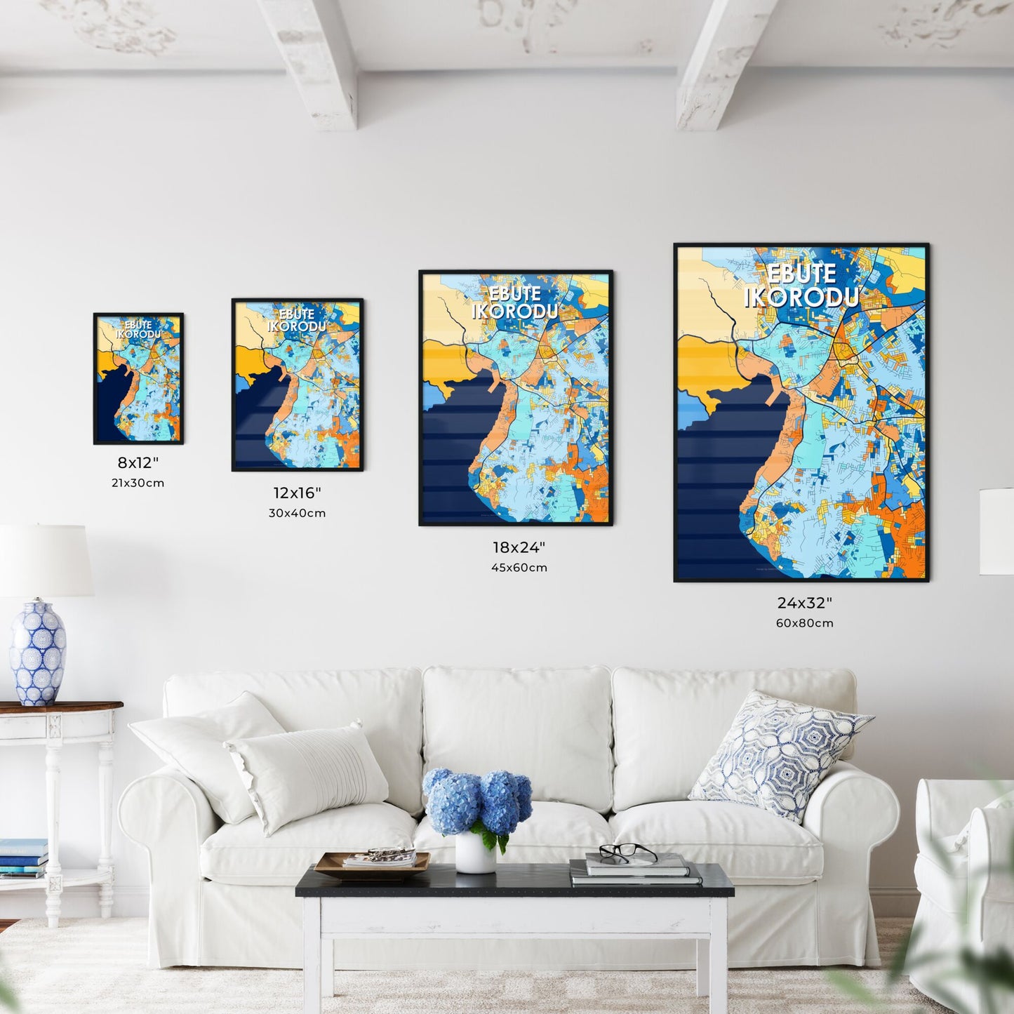 EBUTE IKORODU NIGERIA Vibrant Colorful Art Map Poster Blue Orange