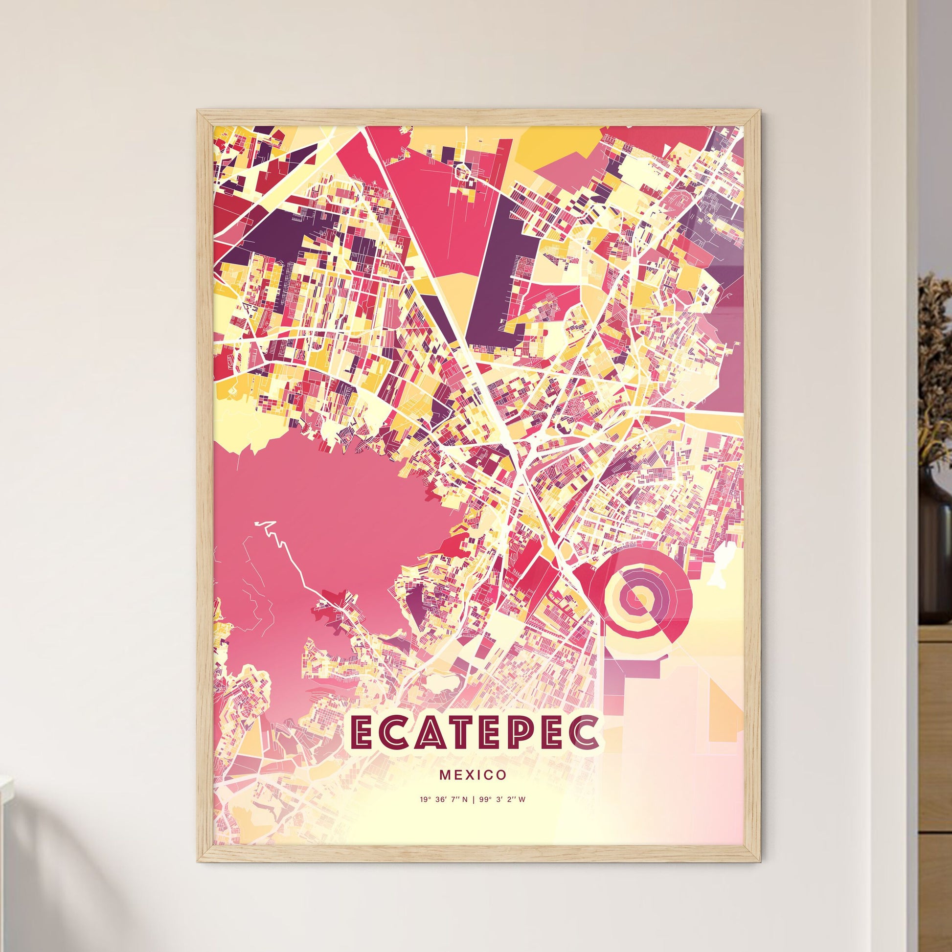 Colorful Ecatepec Mexico Fine Art Map Hot Red