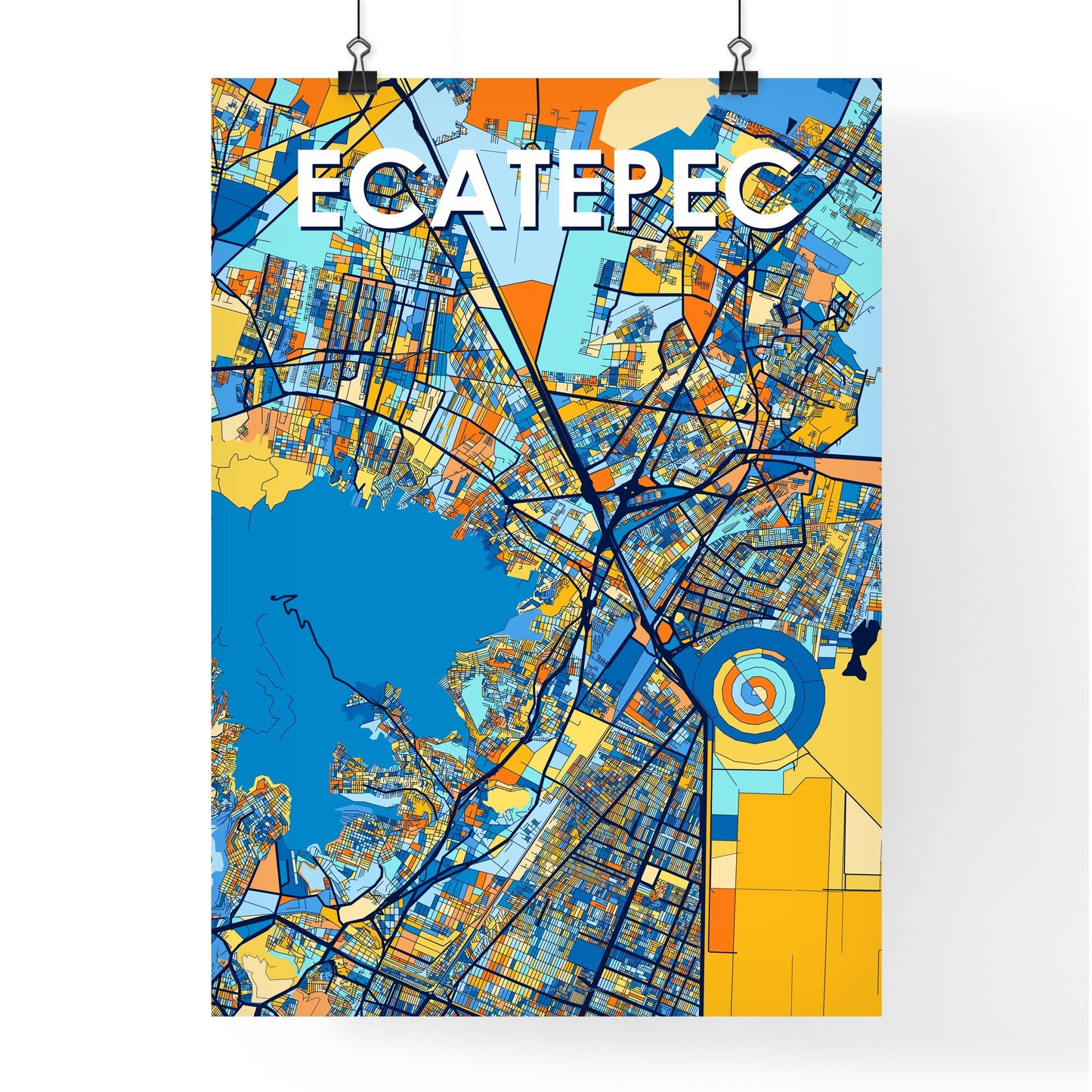 ECATEPEC MEXICO Vibrant Colorful Art Map Poster Blue Orange