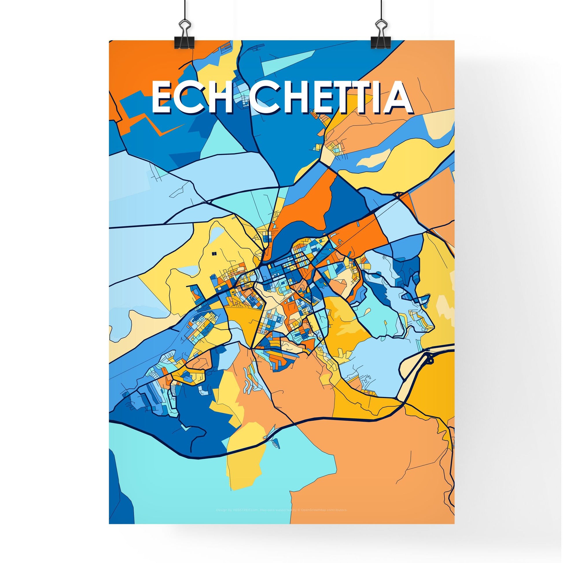 ECH CHETTIA ALGERIA Vibrant Colorful Art Map Poster Blue Orange