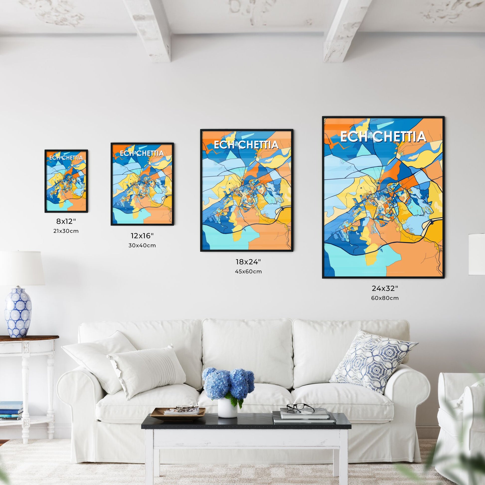 ECH CHETTIA ALGERIA Vibrant Colorful Art Map Poster Blue Orange