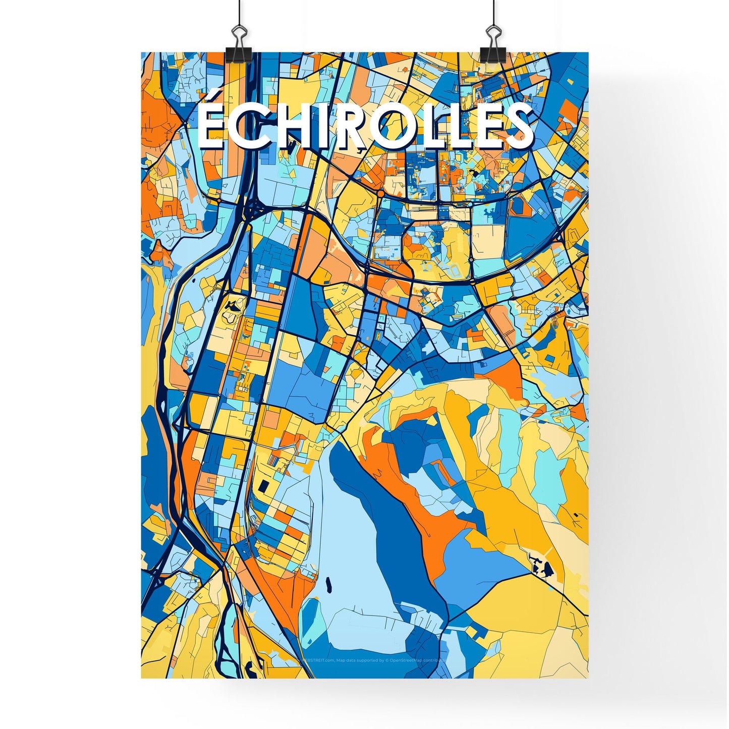 ÉCHIROLLES FRANCE Vibrant Colorful Art Map Poster Blue Orange