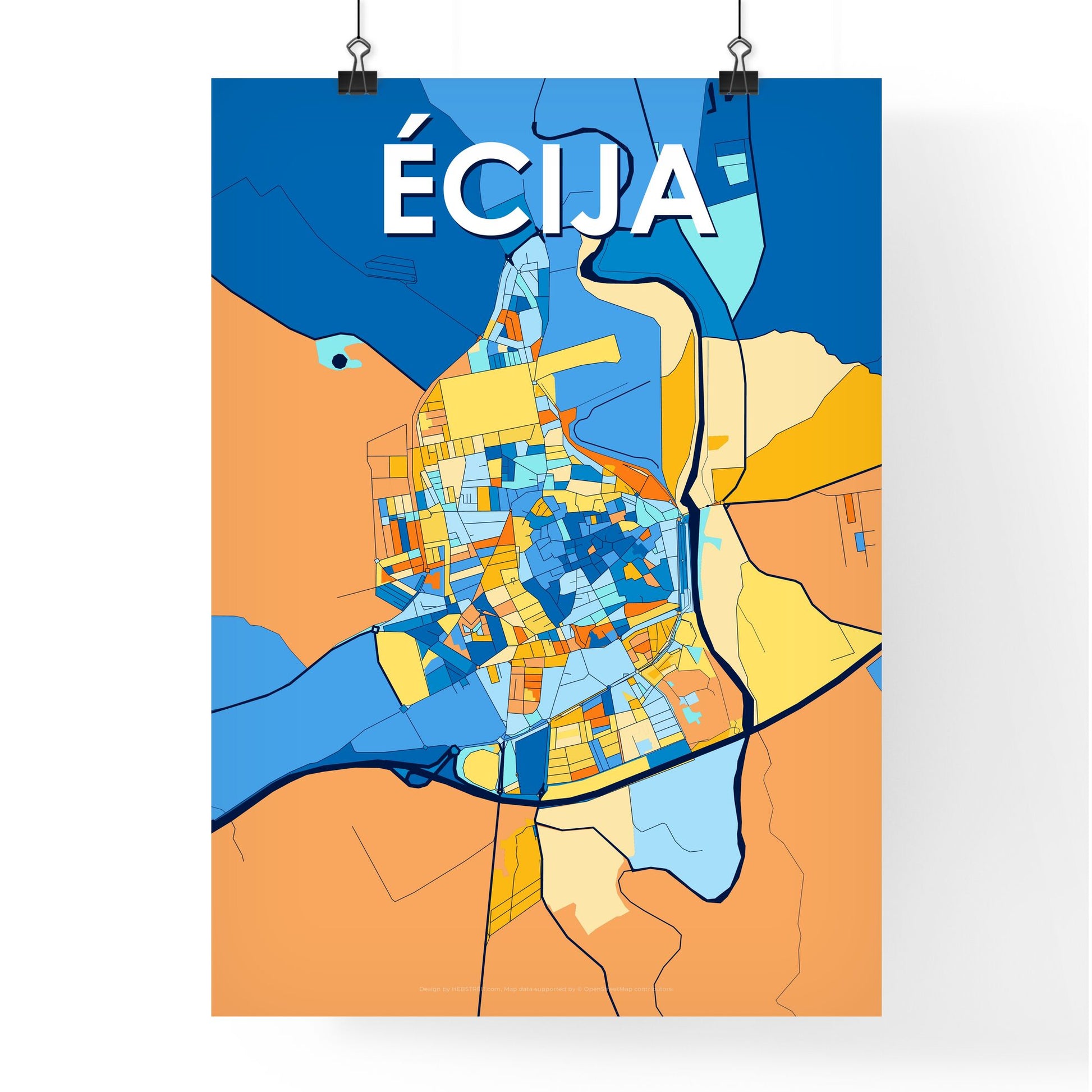 ÉCIJA SPAIN Vibrant Colorful Art Map Poster Blue Orange