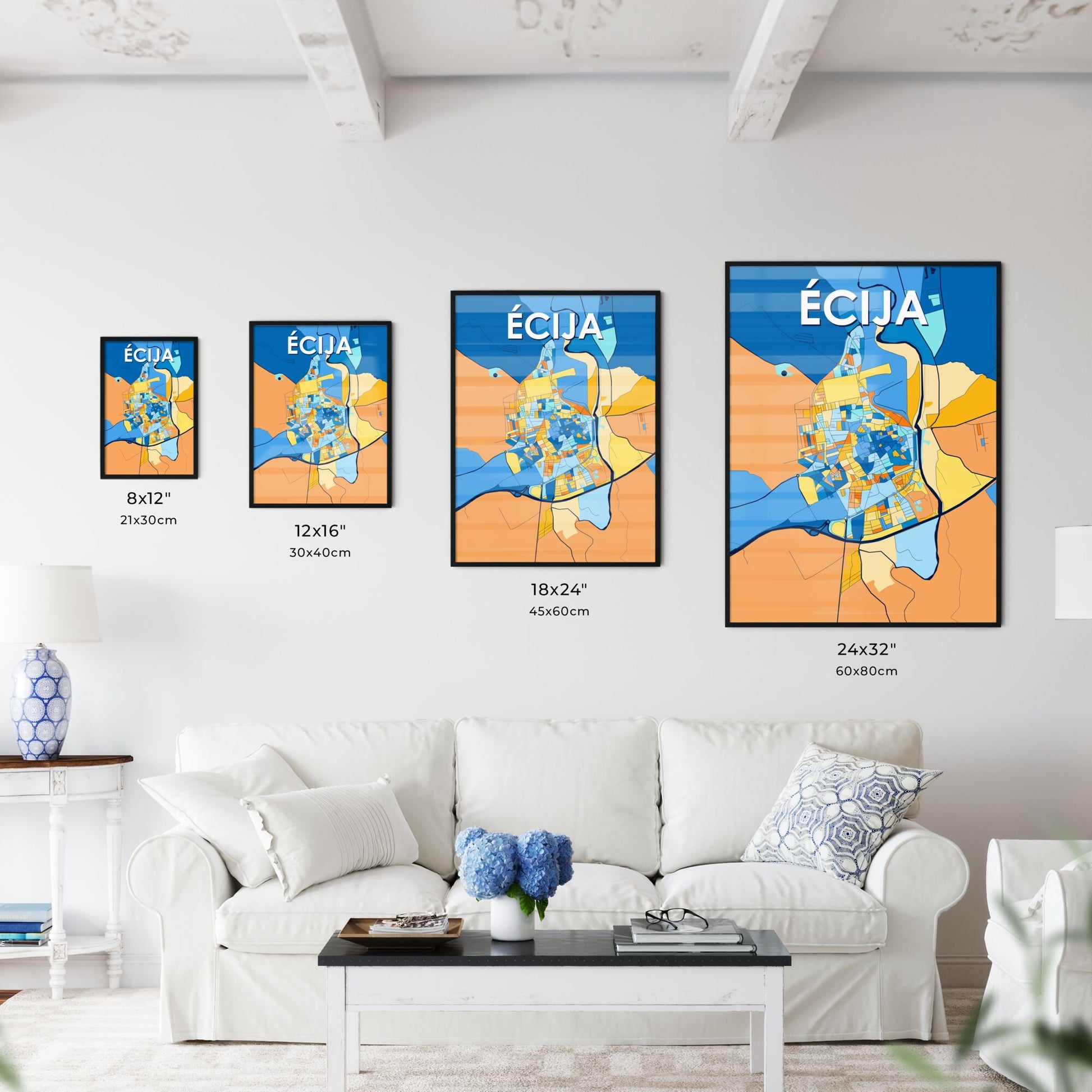 ÉCIJA SPAIN Vibrant Colorful Art Map Poster Blue Orange