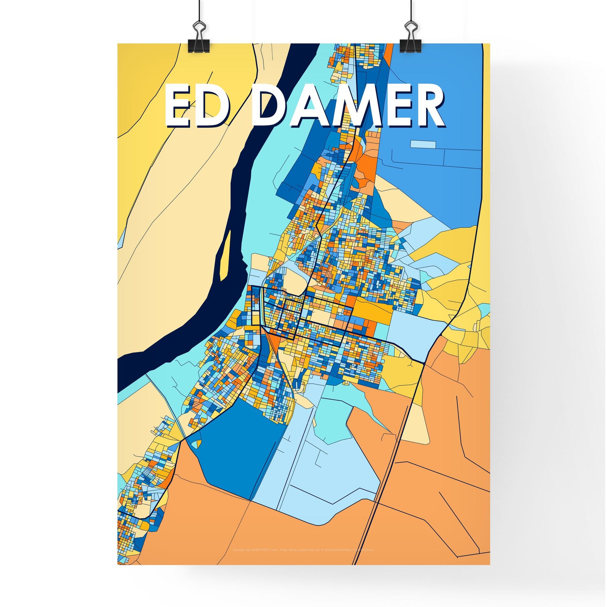 ED DAMER SUDAN Vibrant Colorful Art Map Poster Blue Orange