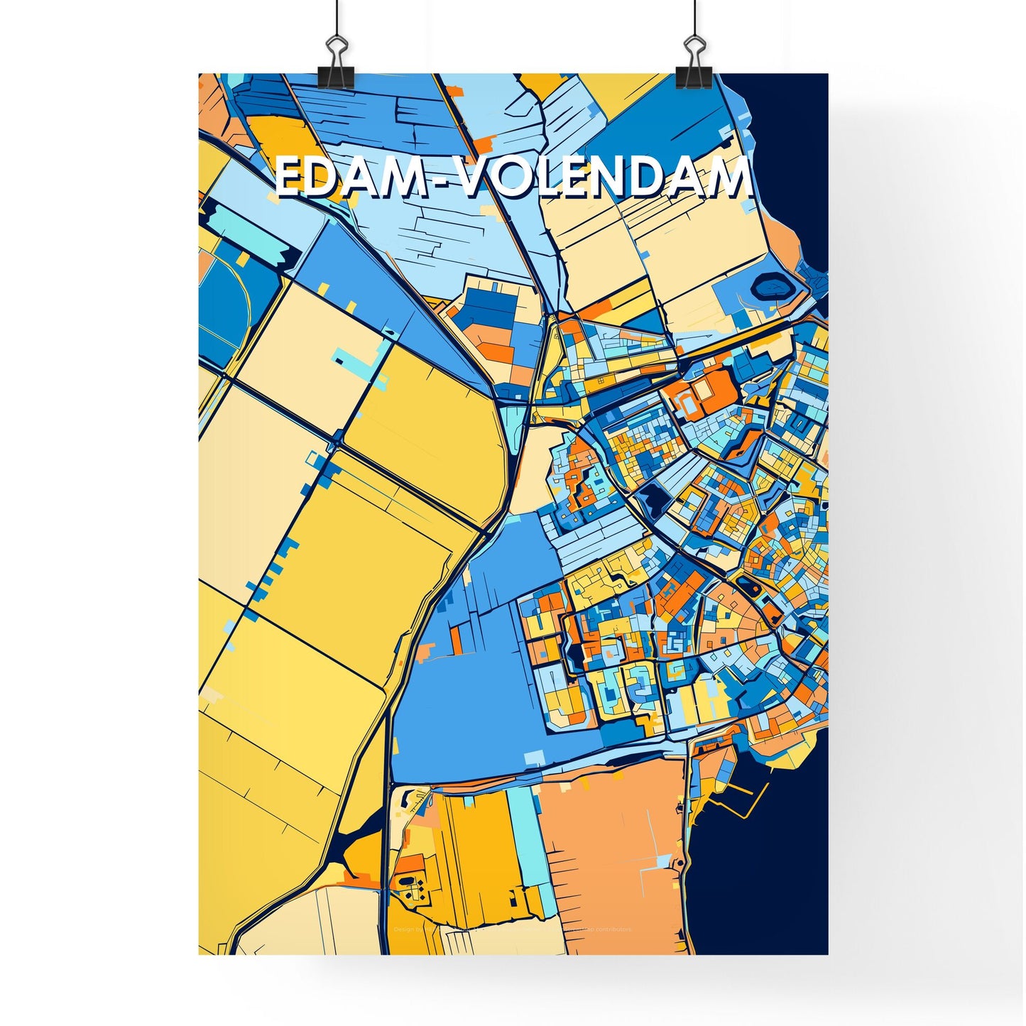 EDAM-VOLENDAM NETHERLANDS Vibrant Colorful Art Map Poster Blue Orange