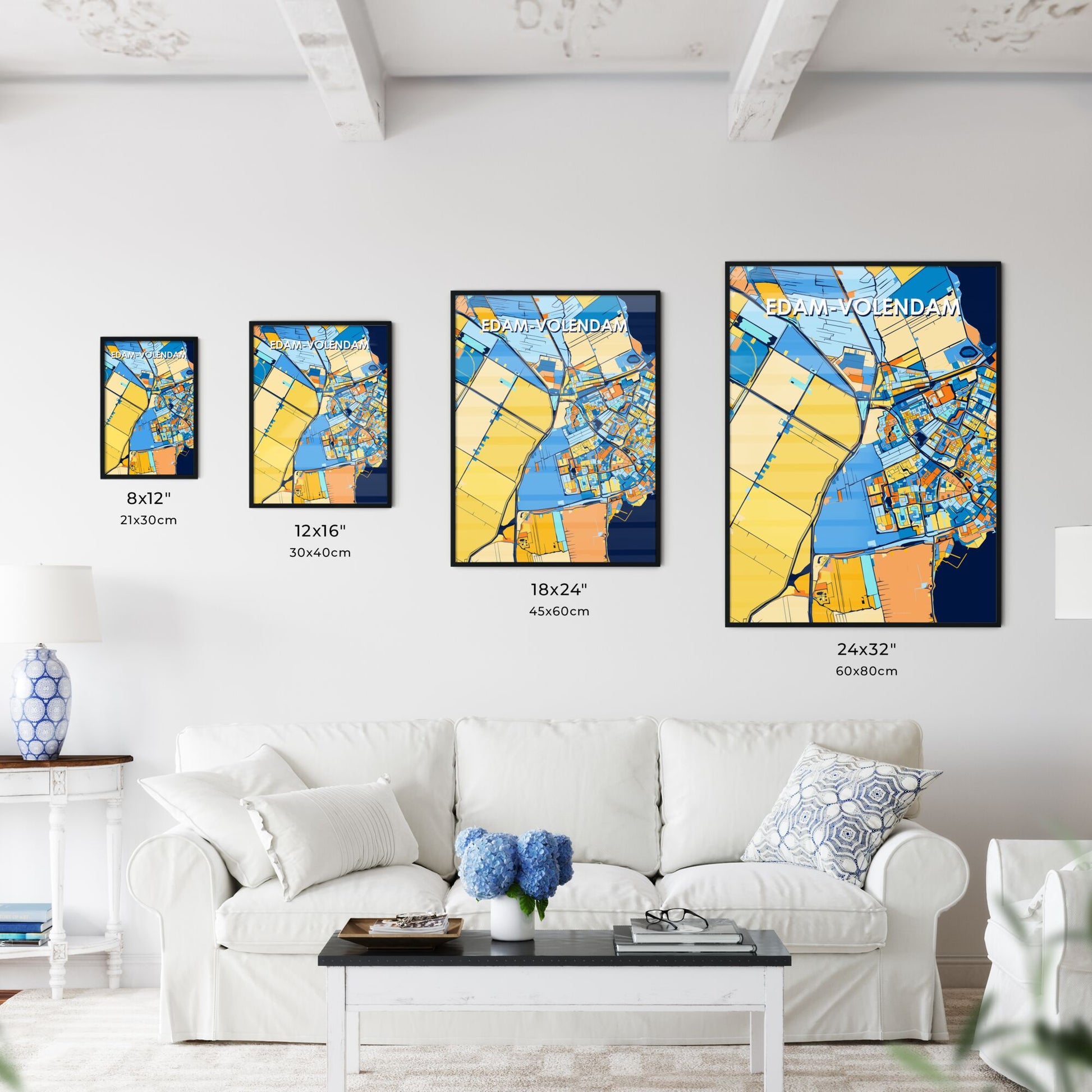 EDAM-VOLENDAM NETHERLANDS Vibrant Colorful Art Map Poster Blue Orange