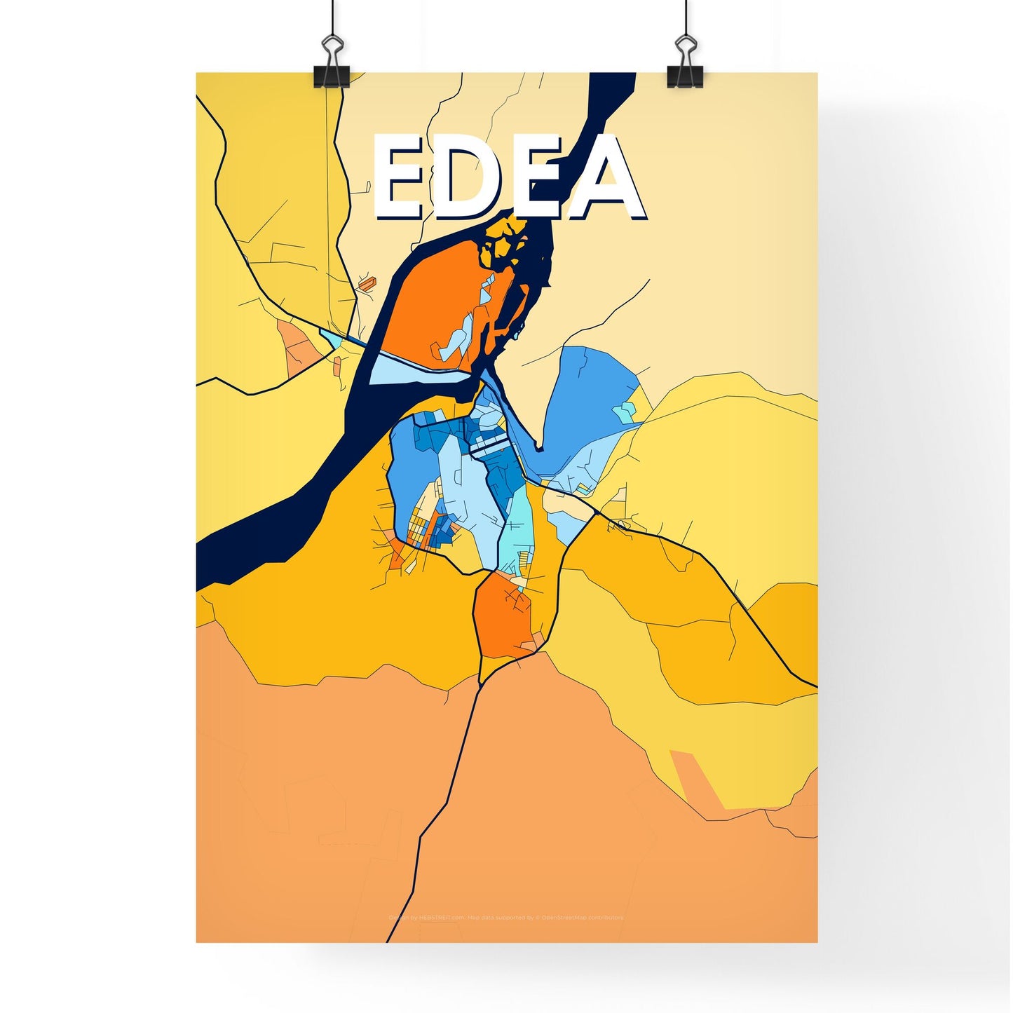 EDEA CAMEROON Vibrant Colorful Art Map Poster Blue Orange