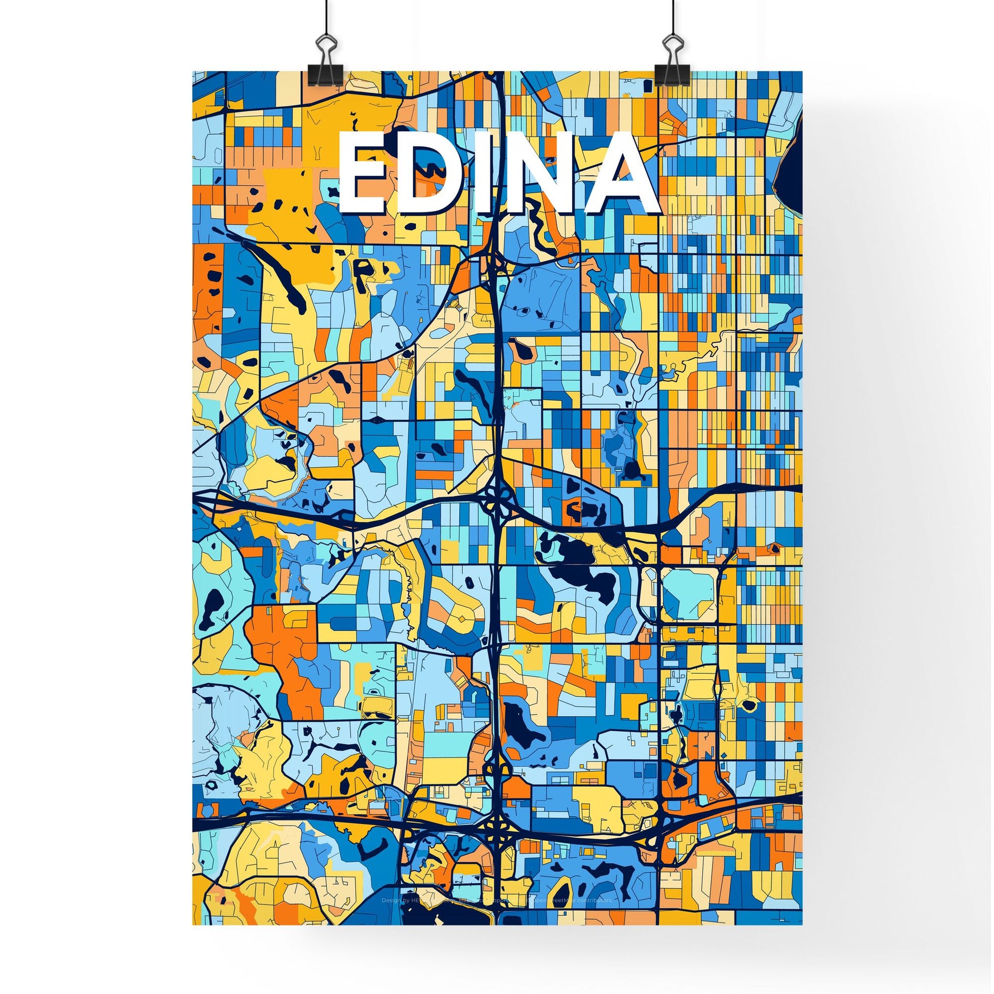 EDINA MINNESOTA Vibrant Colorful Art Map Poster Blue Orange