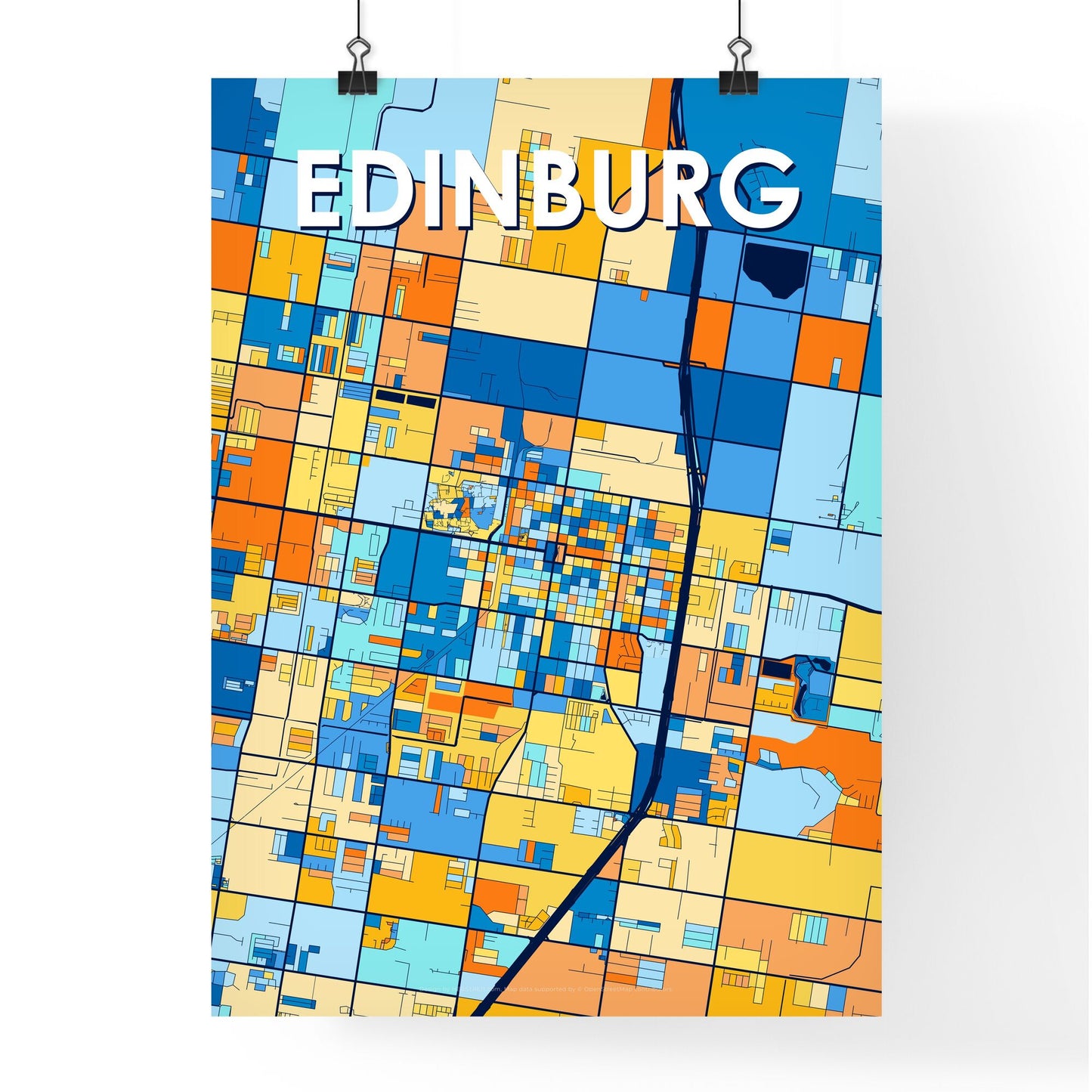 EDINBURG TEXAS Vibrant Colorful Art Map Poster Blue Orange