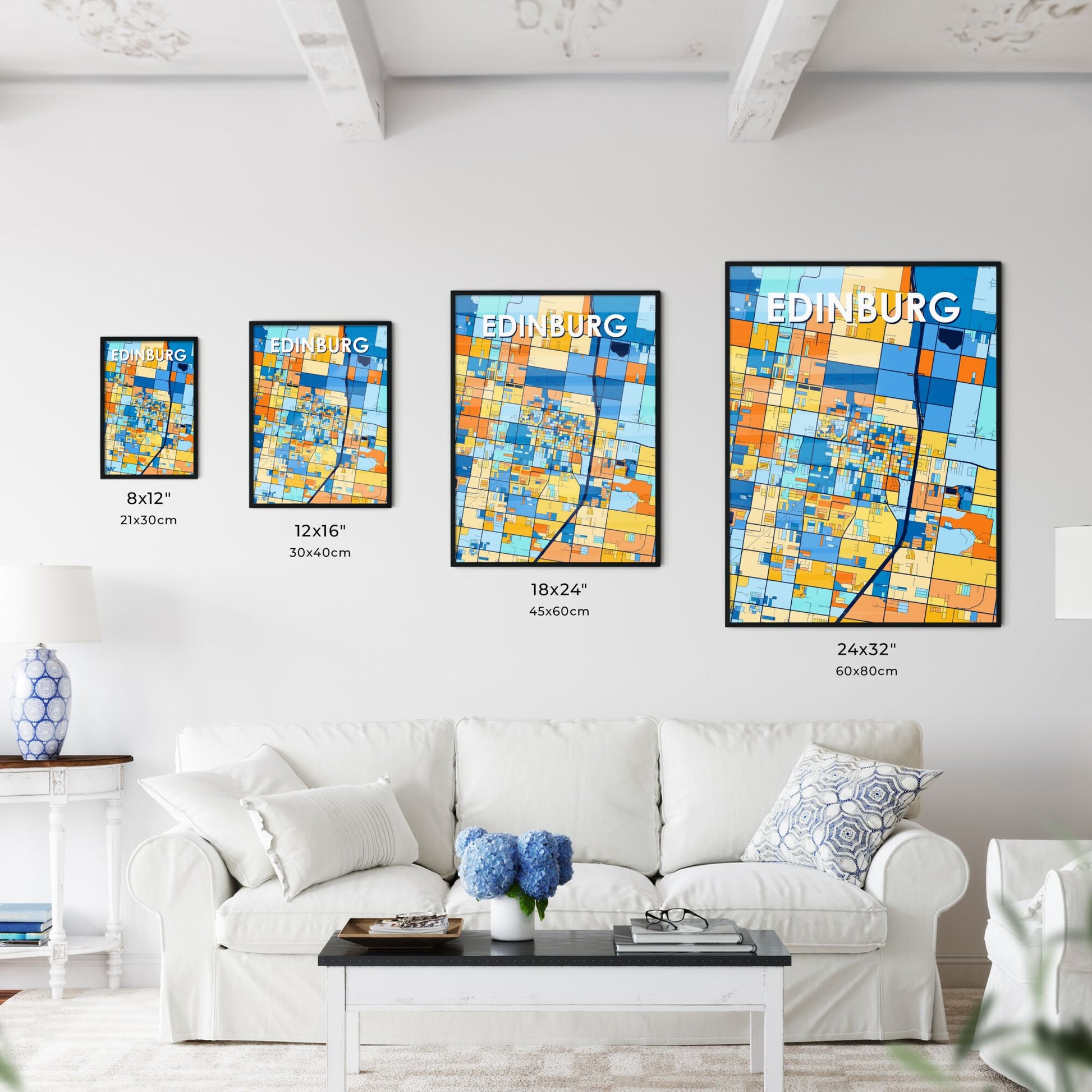 EDINBURG TEXAS Vibrant Colorful Art Map Poster Blue Orange