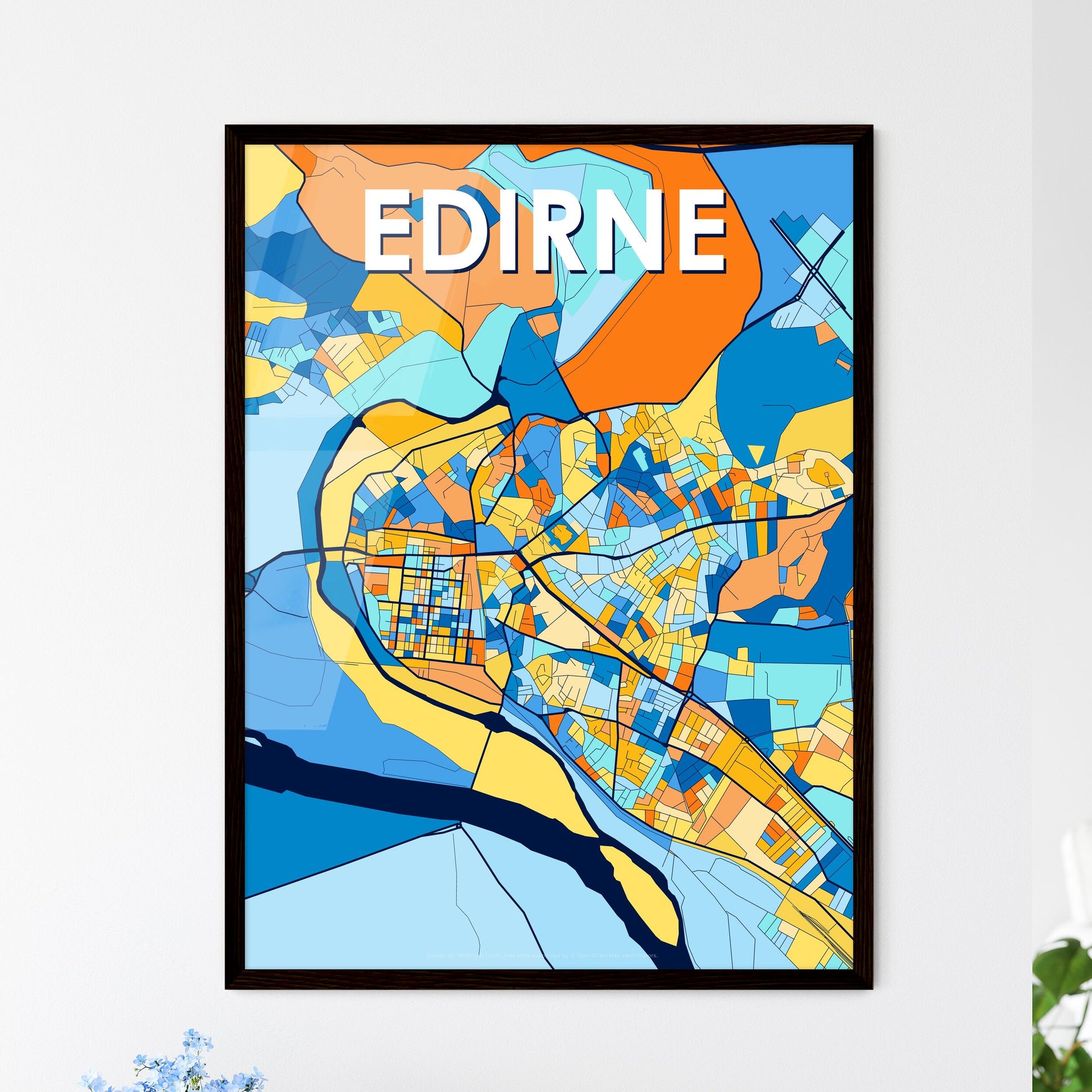 EDIRNE TURKEY Vibrant Colorful Art Map Poster Blue Orange