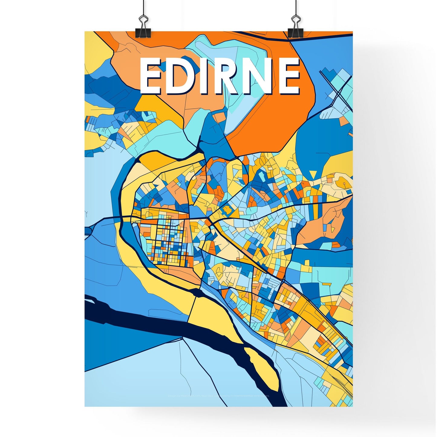 EDIRNE TURKEY Vibrant Colorful Art Map Poster Blue Orange