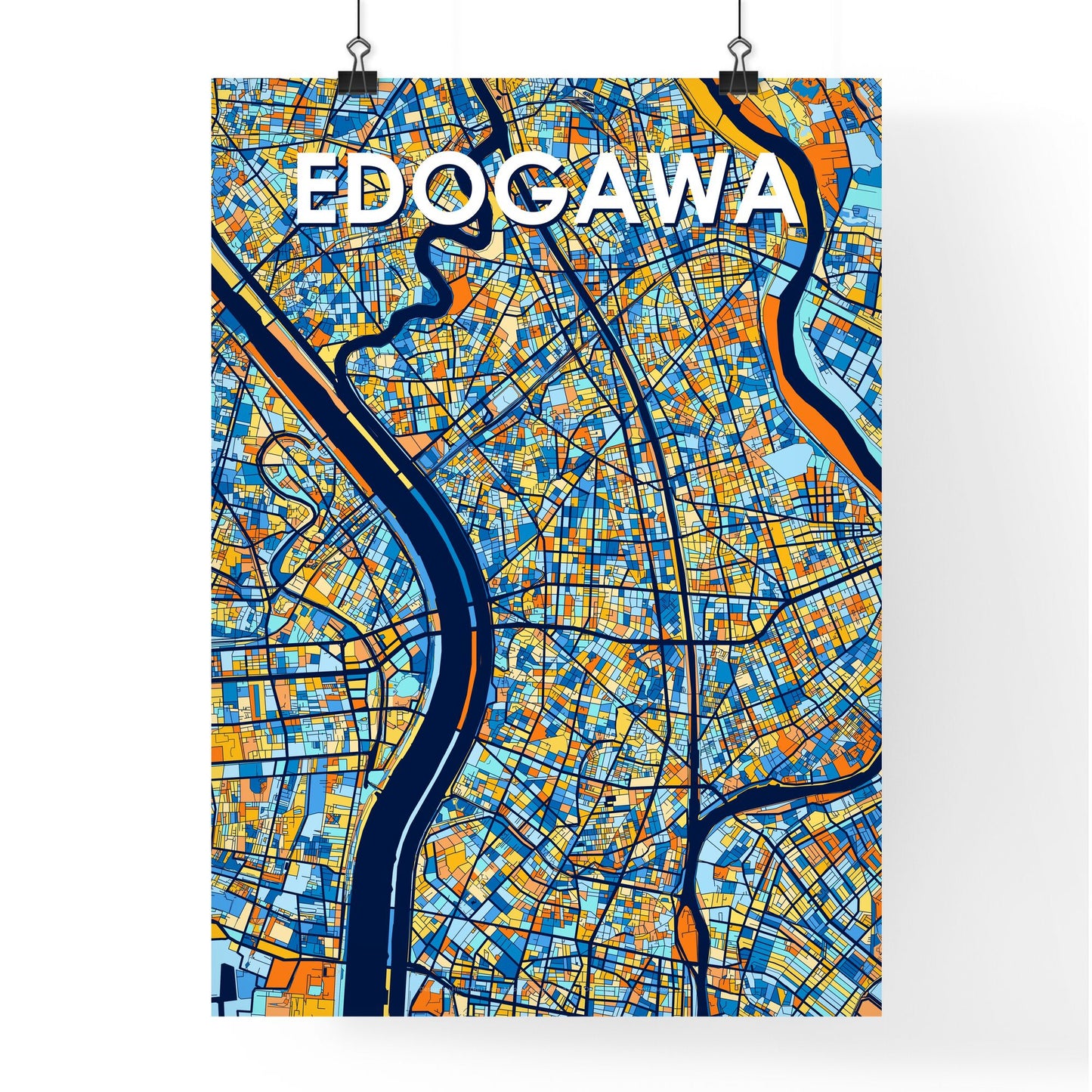 EDOGAWA JAPAN Vibrant Colorful Art Map Poster Blue Orange