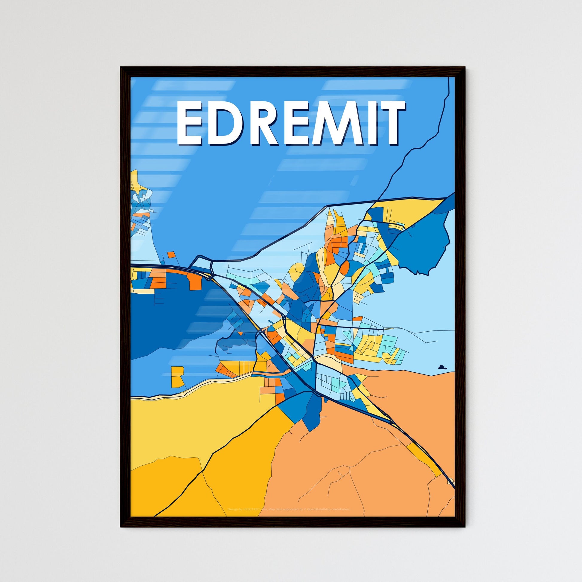 EDREMIT TURKEY Vibrant Colorful Art Map Poster Blue Orange