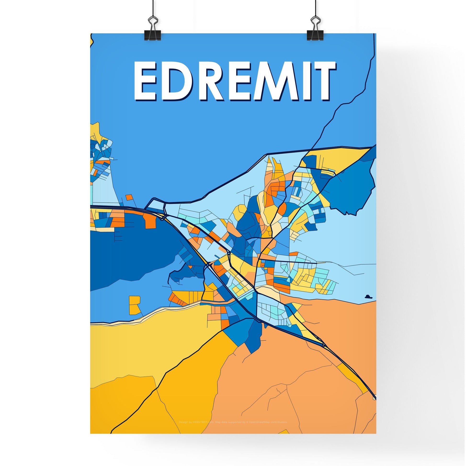 EDREMIT TURKEY Vibrant Colorful Art Map Poster Blue Orange