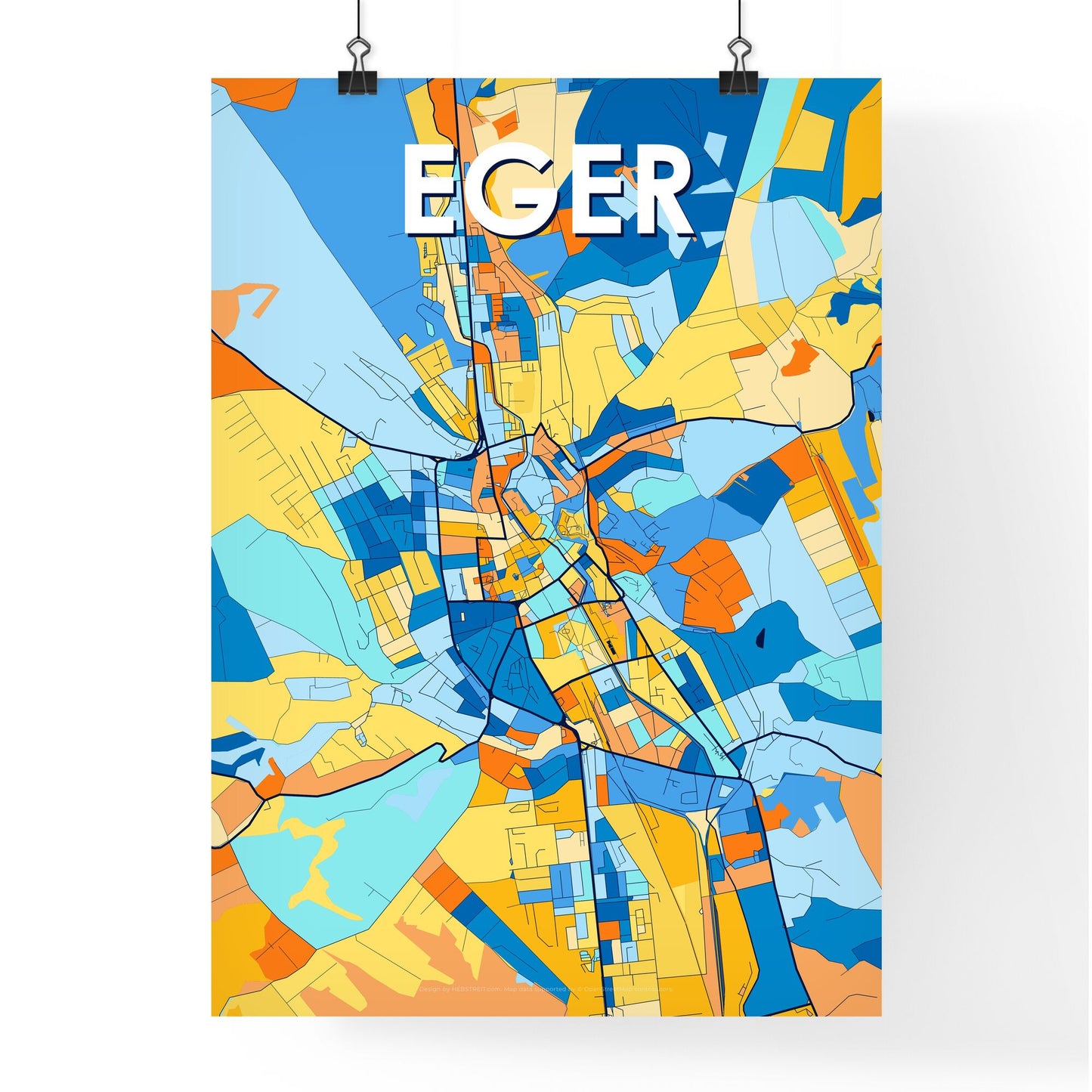 EGER HUNGARY Vibrant Colorful Art Map Poster Blue Orange