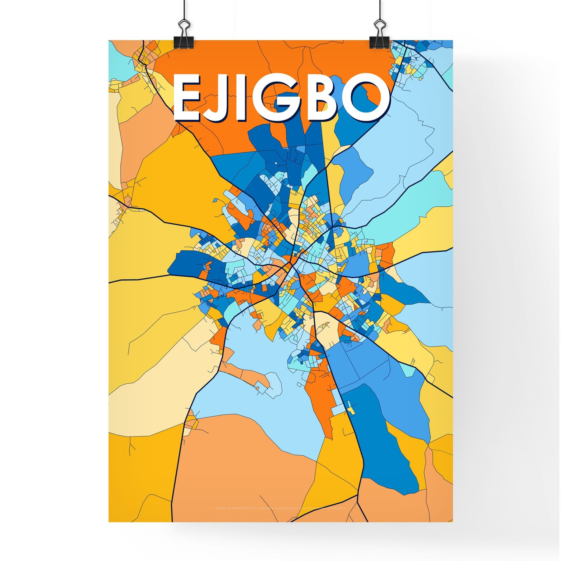 EJIGBO NIGERIA Vibrant Colorful Art Map Poster Blue Orange